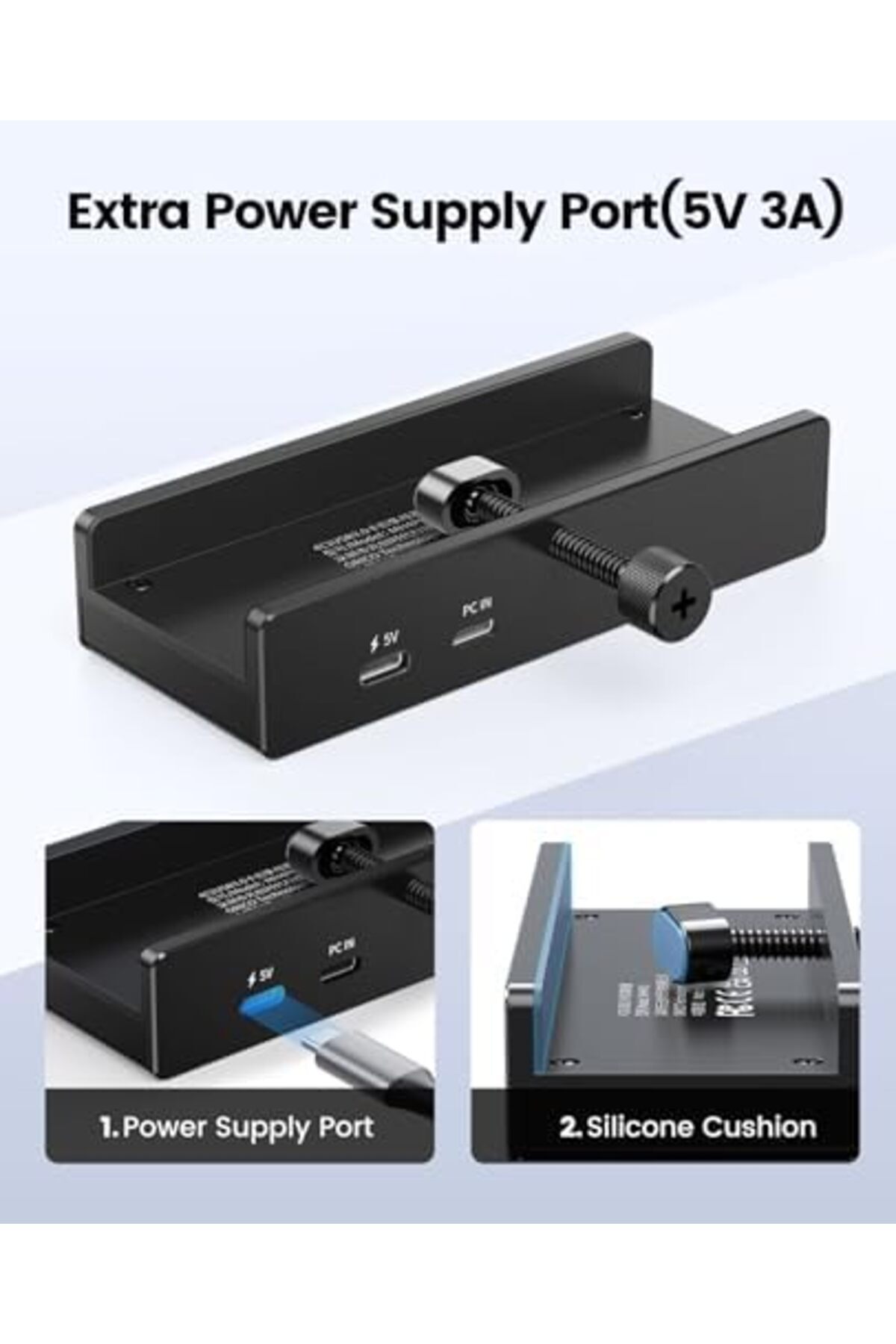 Orico-USB Hub 3.0, Clamp USB Hub with Extra Power Port, Aluminum USB C Adapter with 2 USB-A Data Por 6