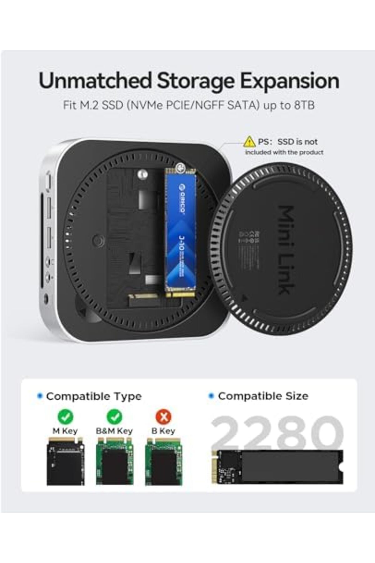 Orico-MiniLink Mac mini M4 Dock & Stand, Aluminium USB C Hub with SSD Housing for M.2 NVMe/SATA, 2 U 6