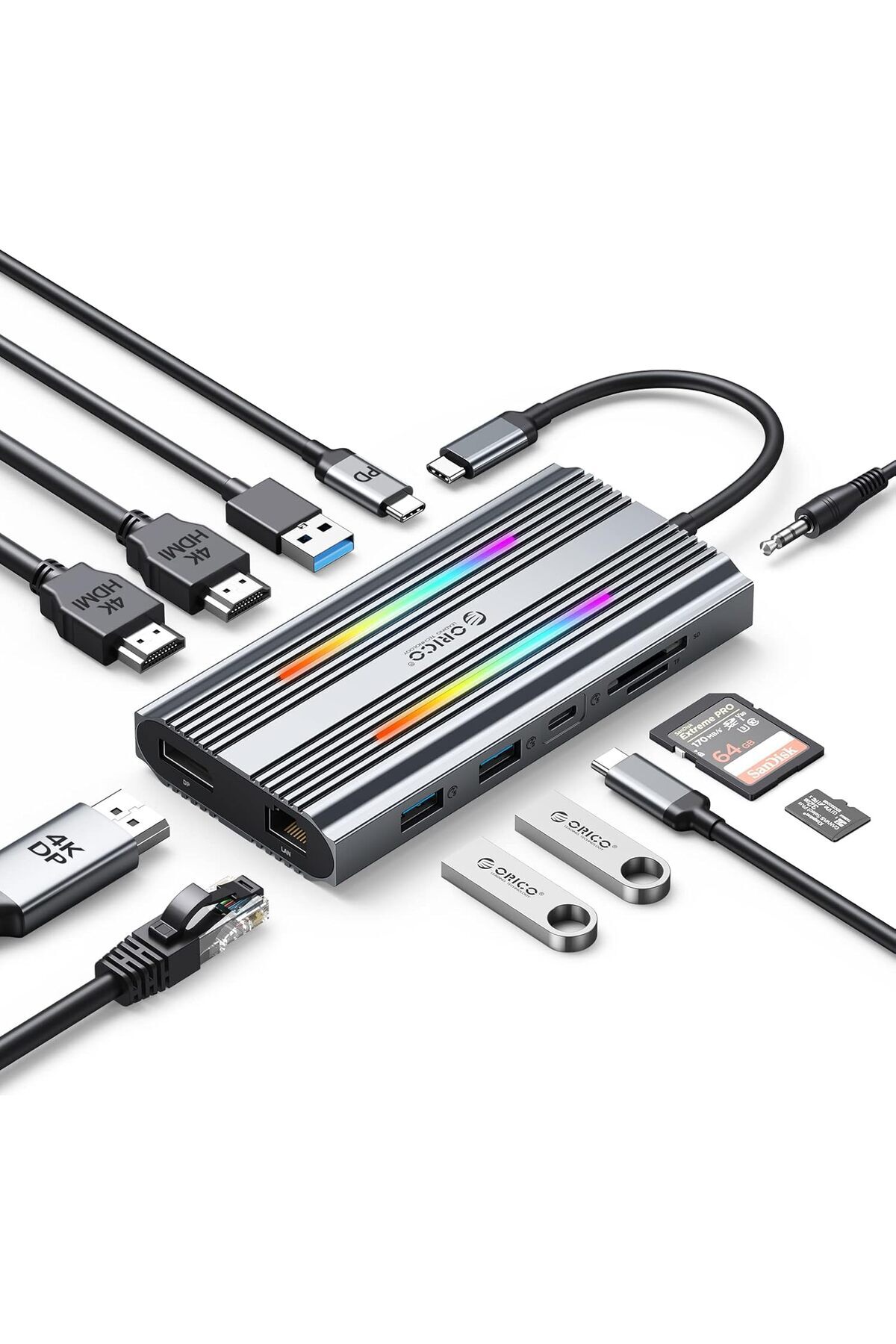 Orico-Docking Station USB C to Dual HDMI Adapter, 12 in 1 RGB USB C Hub with Dual HDMI, DP 1.4, 100W 1