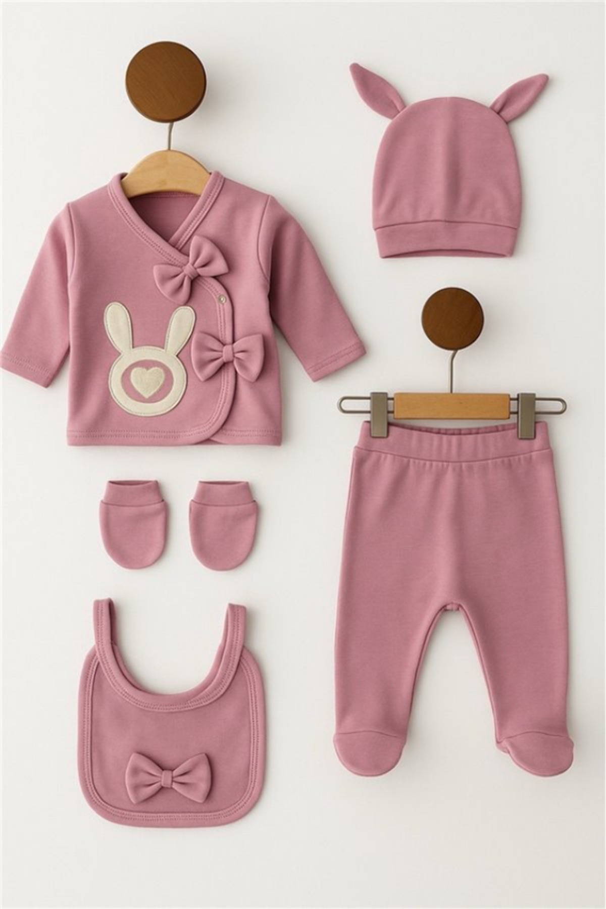 Bamoola for Babies Organik Kız Bebek Tavşan Desenli 5'li Tulum Hastane Çıkışı Yenidoğan Kıyafet Mama Önlüğü fotoğrafı 2 (önizleme)