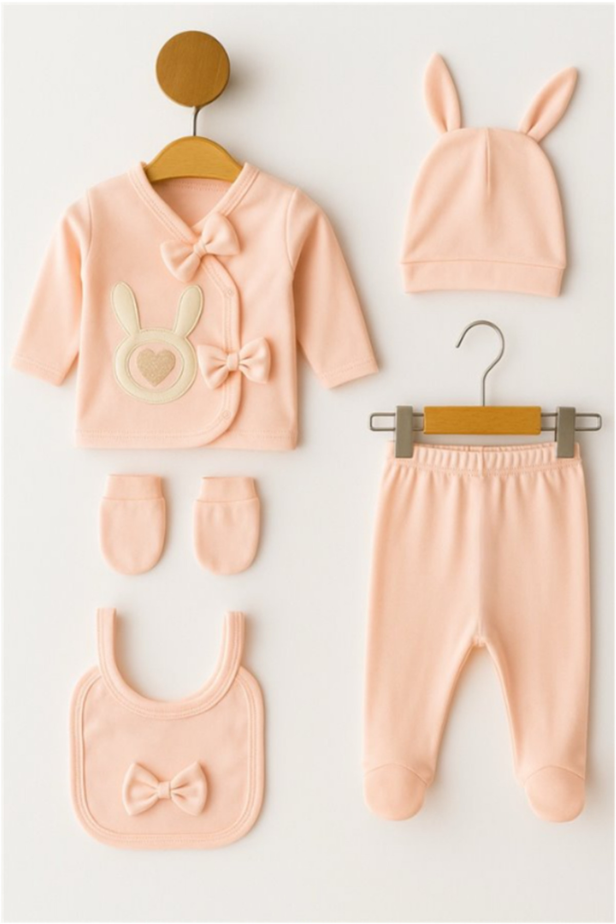 Bamoola for Babies Organik Kız Bebek Tavşan Desenli 5'li Tulum Hastane Çıkışı Yenidoğan Kıyafet Mama Önlüğü fotoğrafı 4 (önizleme)