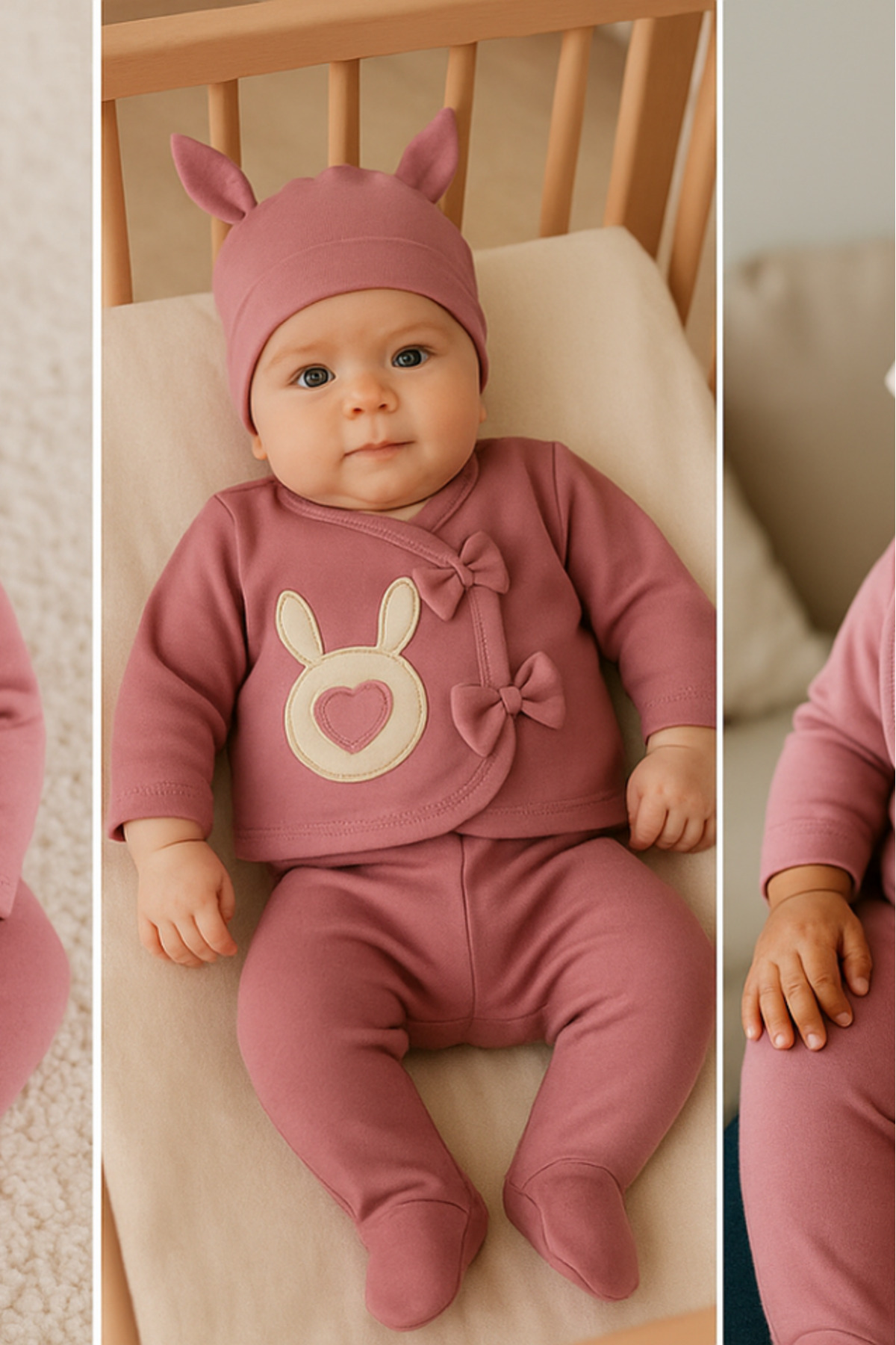 Bamoola for Babies Organik Kız Bebek Tavşan Desenli 5'li Tulum Hastane Çıkışı Yenidoğan Kıyafet Mama Önlüğü fotoğrafı 3 (önizleme)