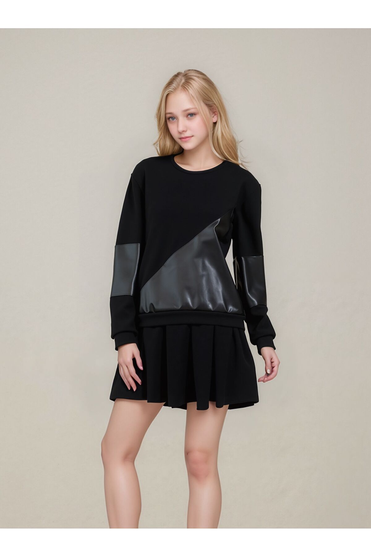 DEVRİMAY TEKSTİL  Kadın Deri Detaylı Sweathirt - Görsel 4