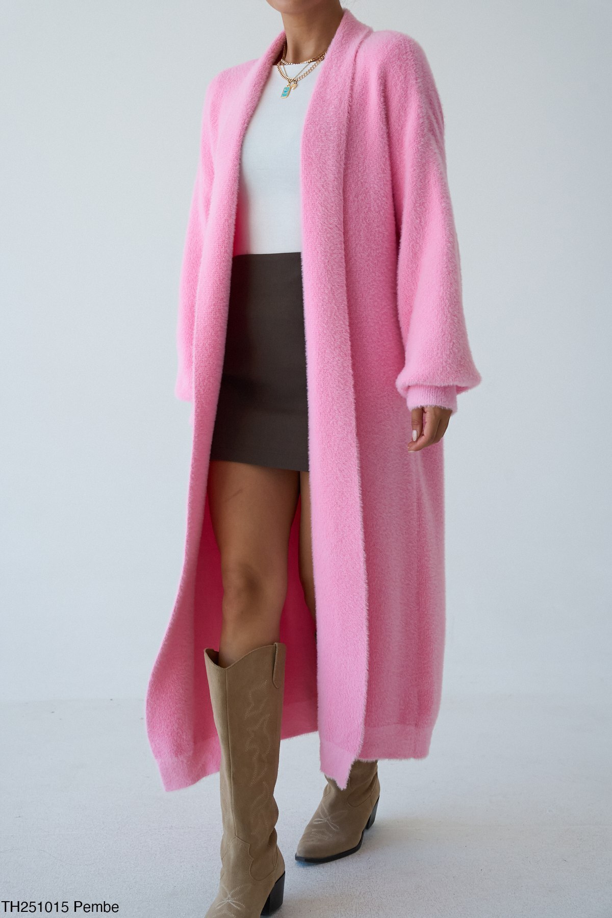 Miss Beyoğlu Kadın Oversize Uzun Triko Hırka, Pembe, Taş, Bej , Siyah , Kahve , Sarı , Bebe Mavi-Standart Beden görsel 4