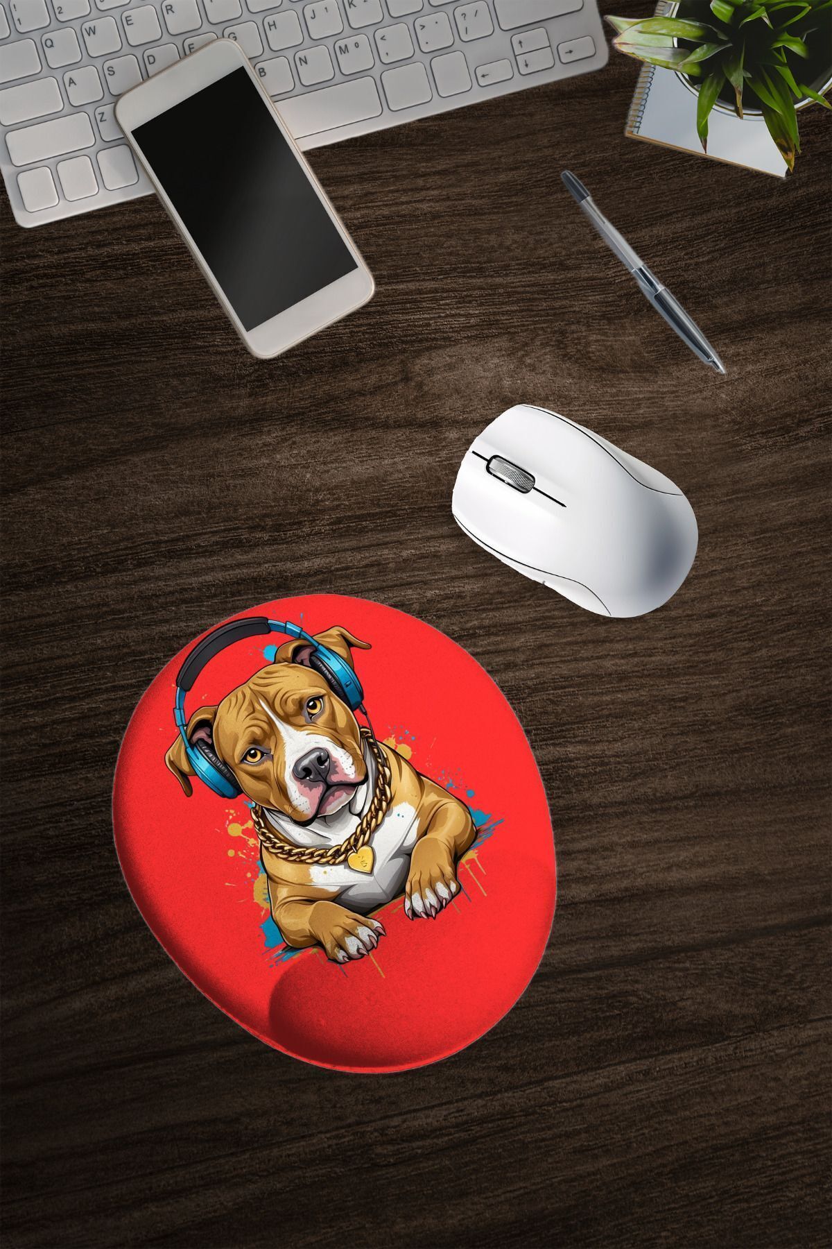 Dormot-Modern Digital Print - Pitbull with Red Background Headphones - Mousepad with Oval Wrist Rest 3