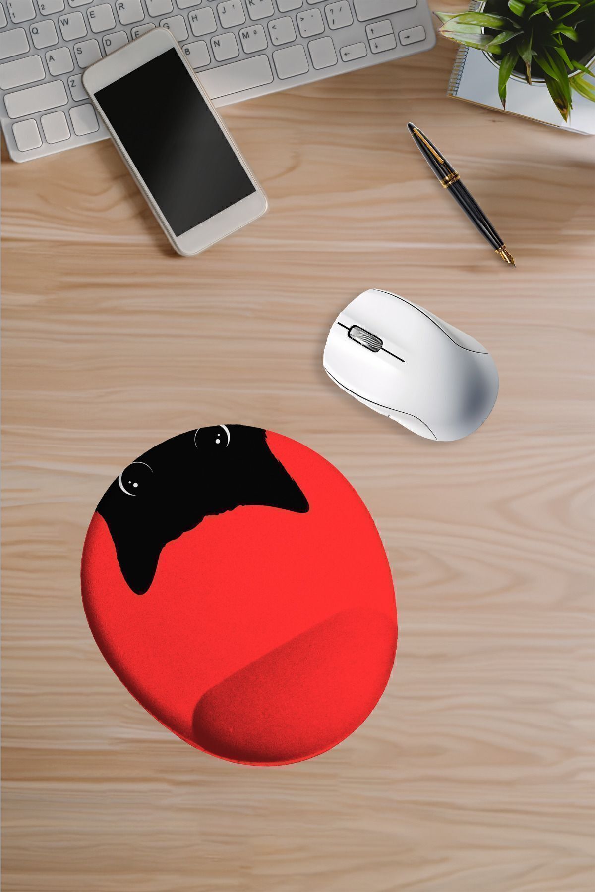 Dormot-Modern Digital Printing - Red Floor Inverted Black Cat - Mouse Pad with Oval Wrist Rest 6