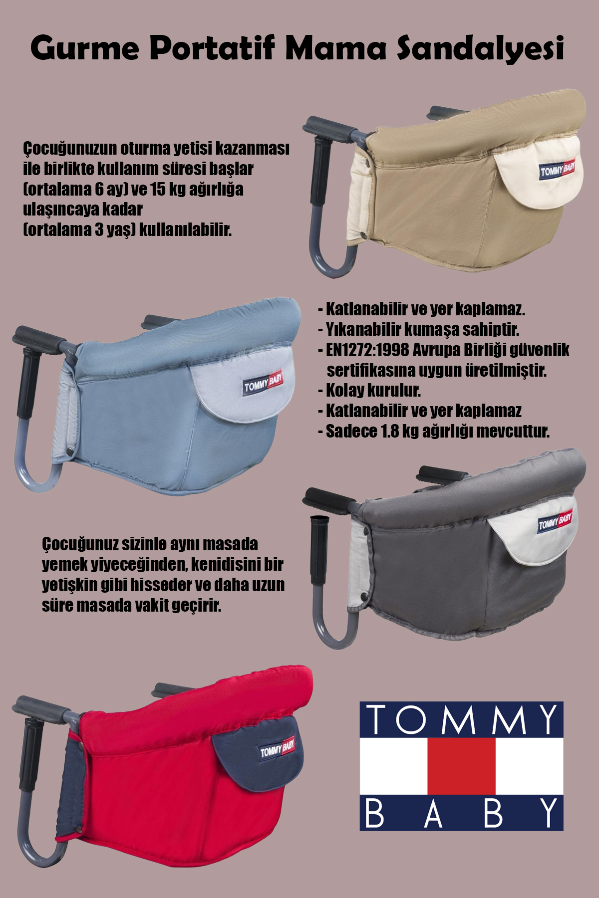 Tommybaby 7 Parça Fırsat Seti Baston Bebek Arabası , Ana kucağı , Mama Sandalyesi , Oyun Çadırı ,Kanguru,Çanta fotoğrafı 3 (önizleme)