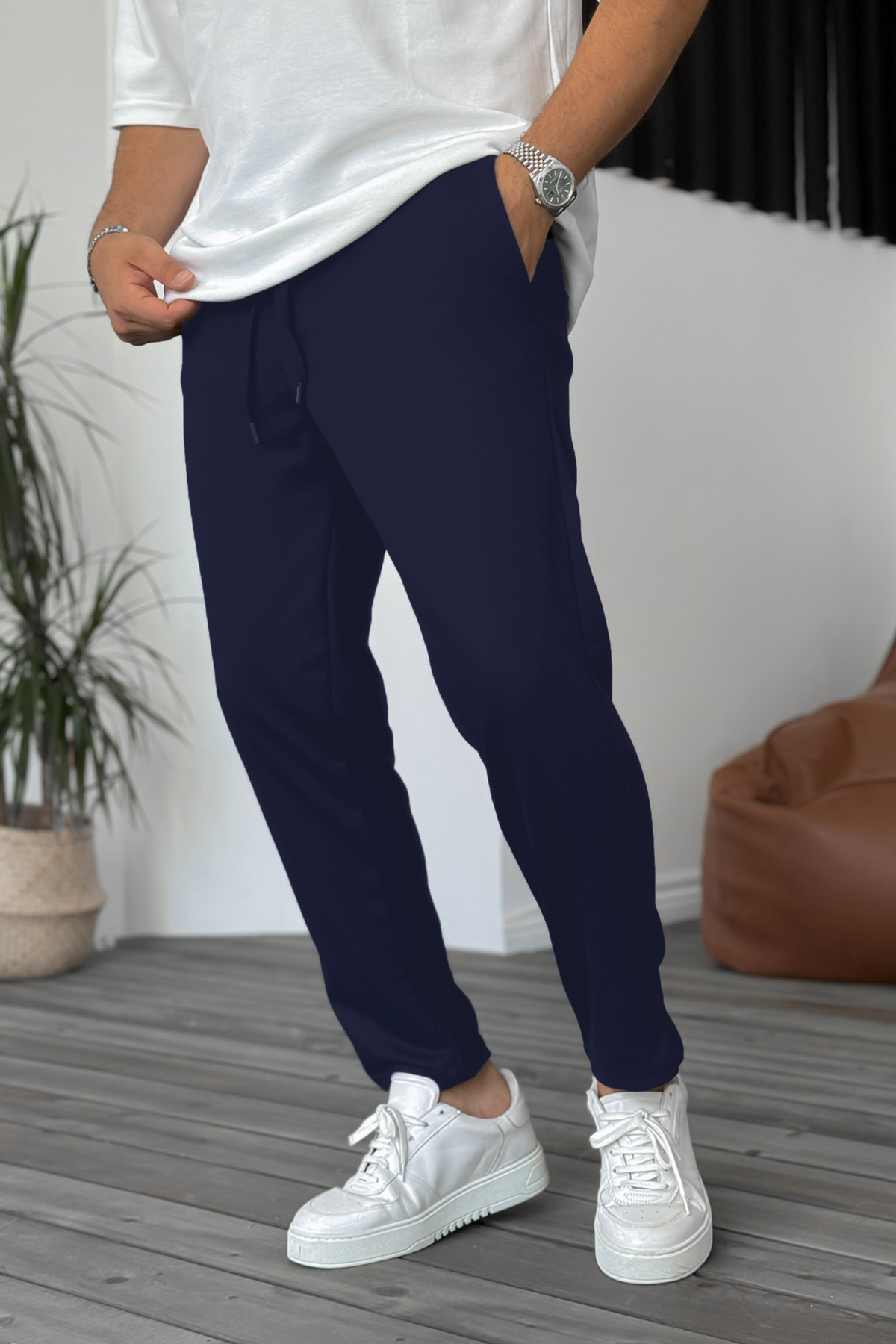 Erkek Lacivert Relaxed Mevsimlik Salaş Klasik Rahat Kalıp Beli Lastikli Esnek Kumaş Jogger Pantolon