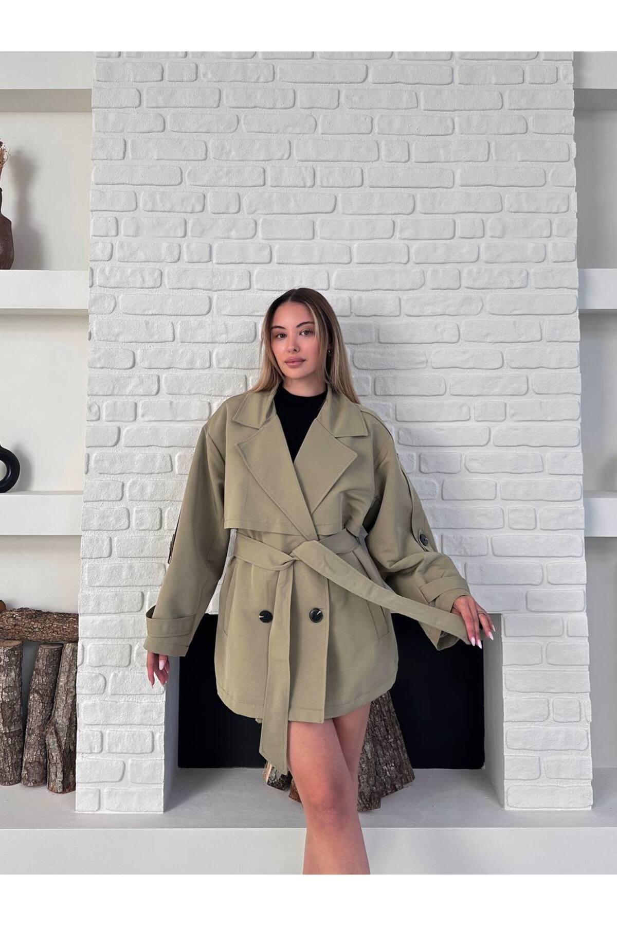 Bella Breeze Kadın Beli Kemerli Premium Kısa Boy Trençkot görsel 6