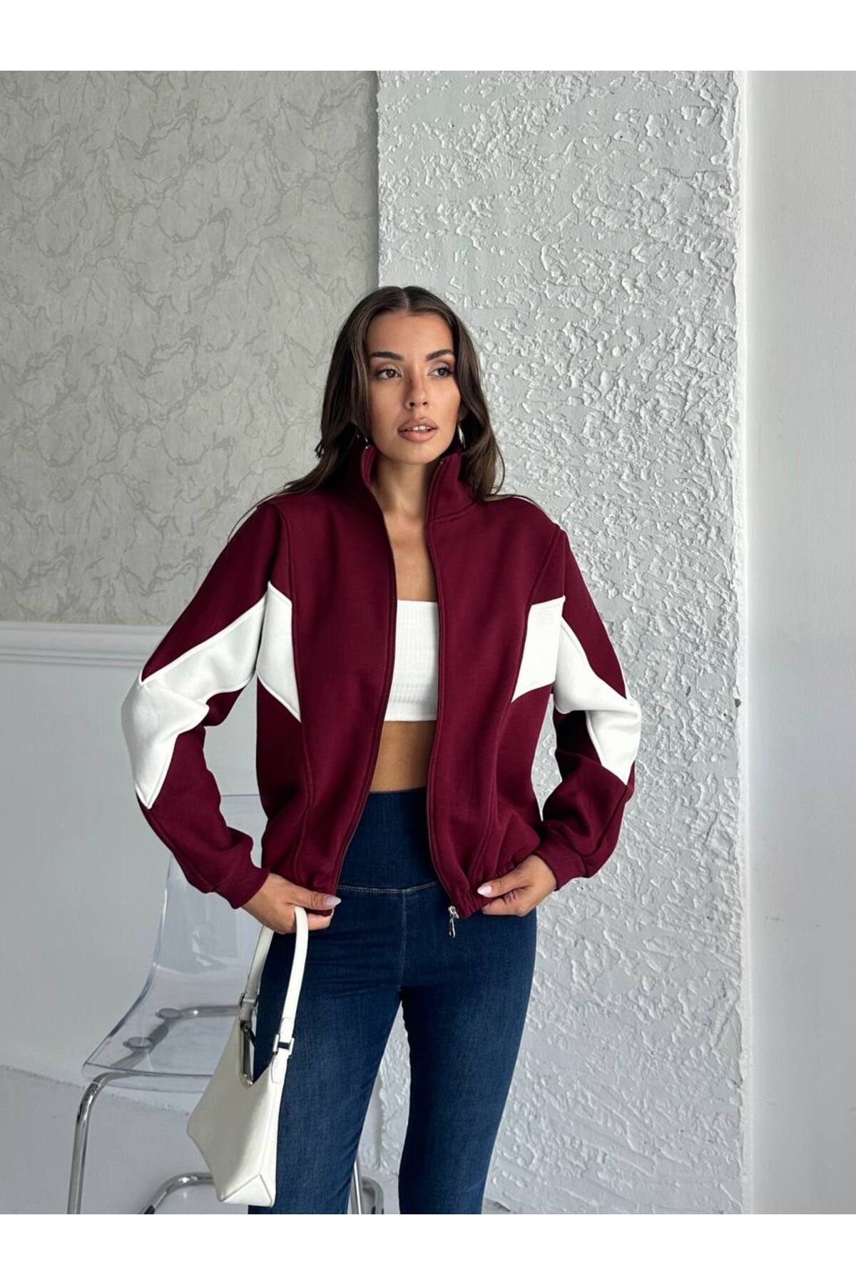 Zeynep Öykü Style  Kadın 3 iplik Penye Kumaş Şardonlu Garnili Renk Bloklu Oversize Hırka Eşofman Üstü Sweatshirt - Görsel 6