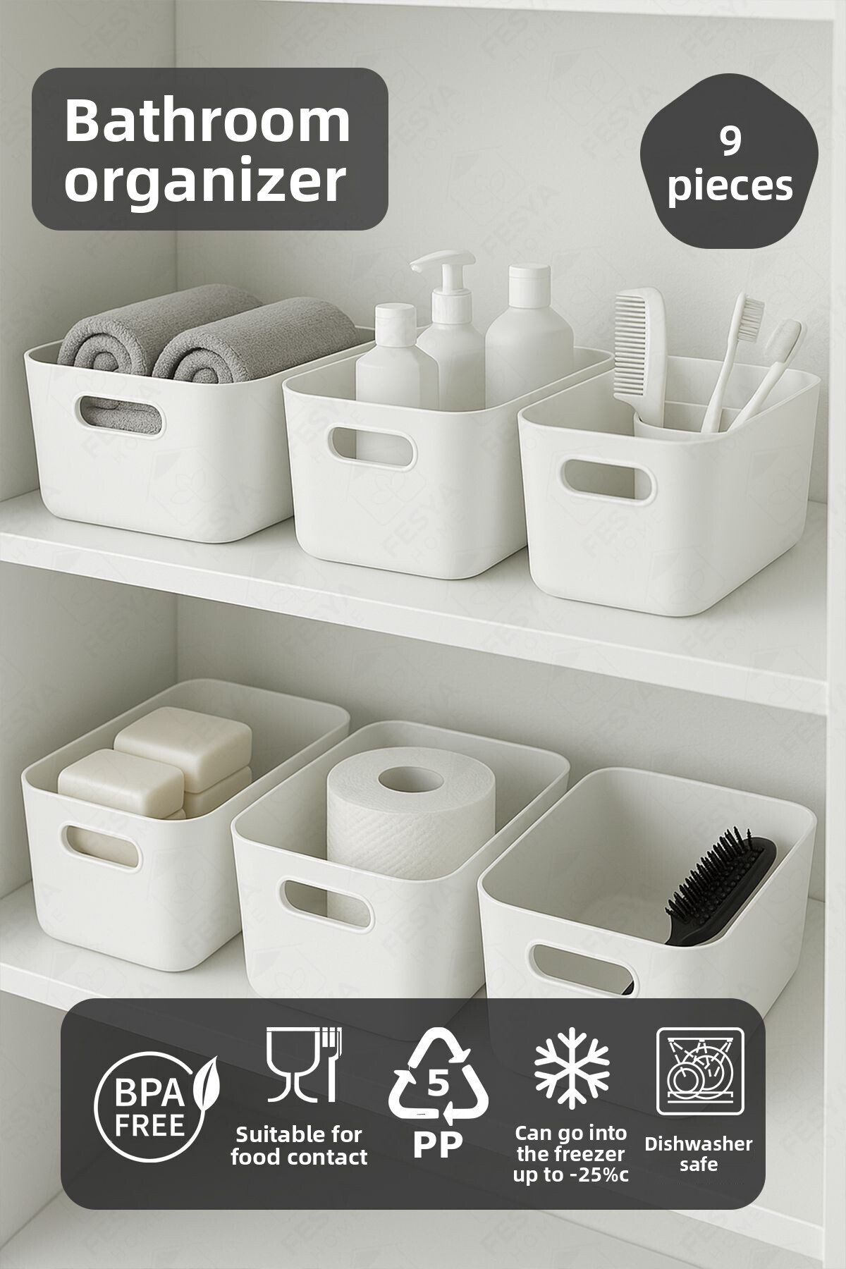 Fesya Home 6-компонентен комплект за организиране на банята, бяла пластмаса, многофункционален органайзер за кърпи и шампоани