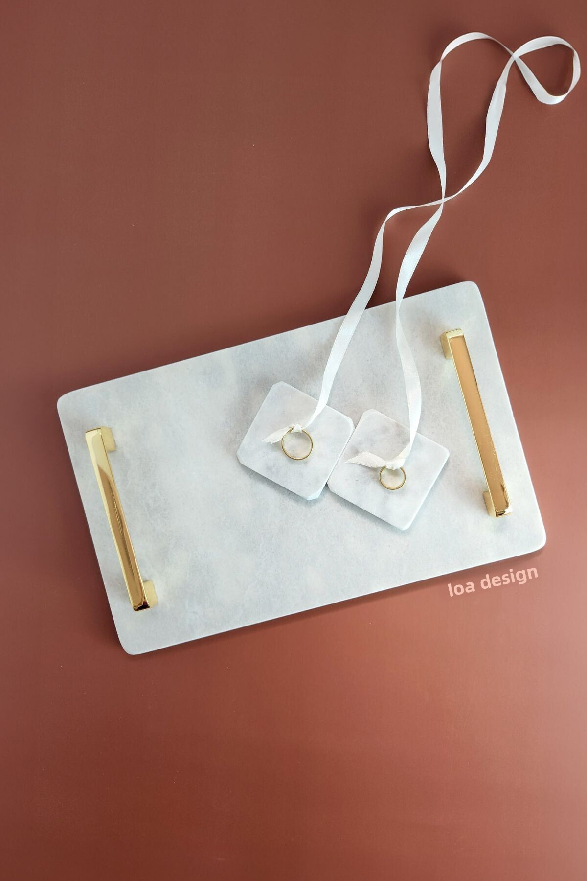 ioadesign-Daffodil - Real Marble Promise/Engagement Tray (32X20 CM) 2 Removable Rings - Gold Handle 2