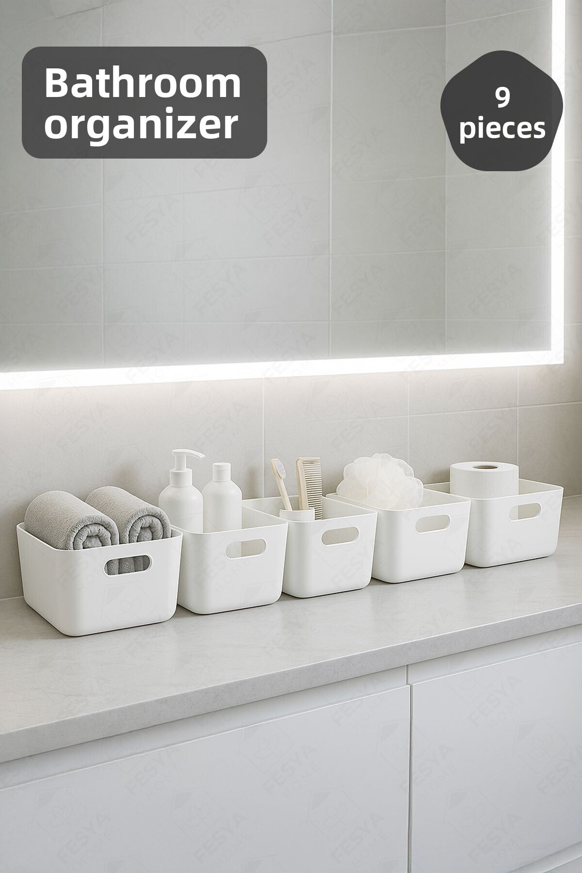 Fesya Home 6-компонентен комплект за организиране на банята, бяла пластмаса, многофункционален органайзер за кърпи и шампоани