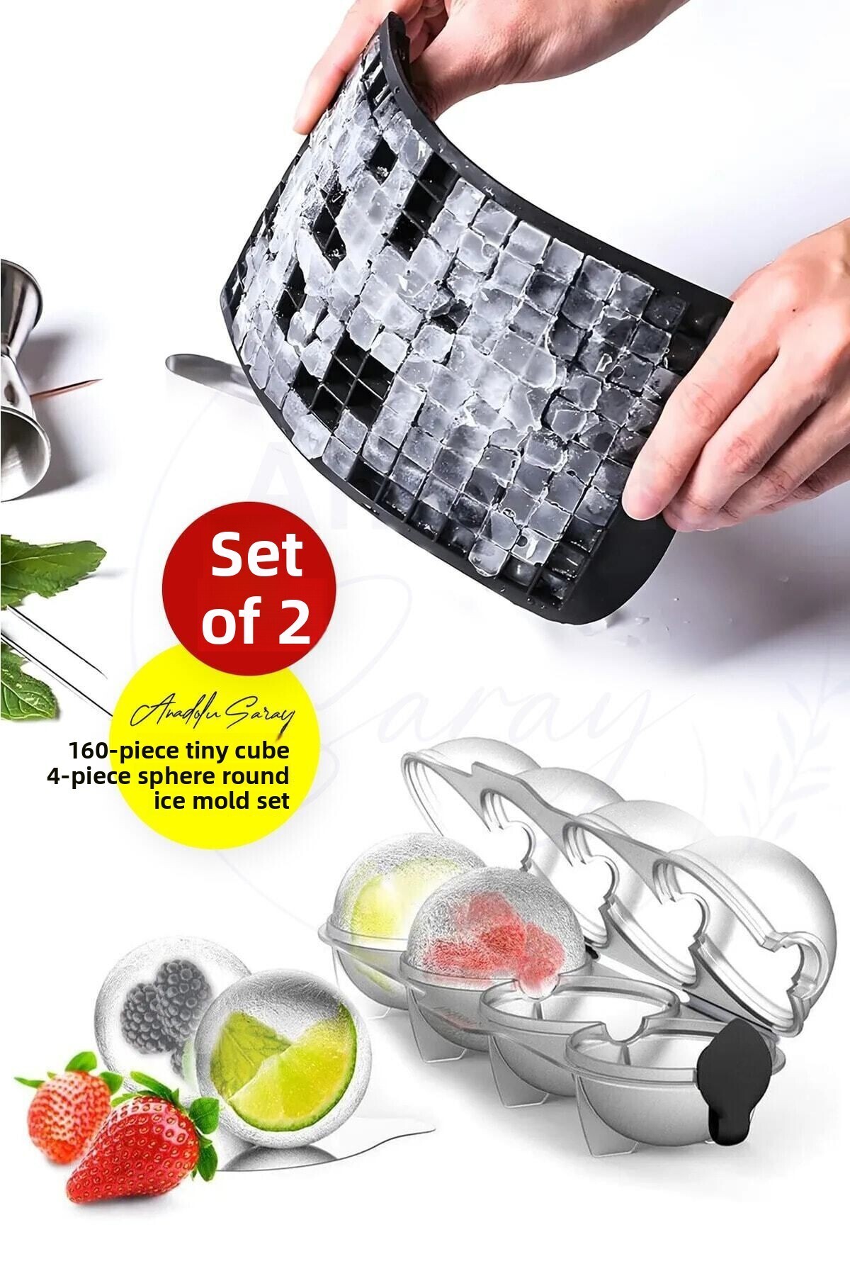 Anadolu Saray-Set of 2 Ice Molds| 160 Pieces Silicone Small Cube Shaped Ice Mold and 4 Ball Sphere Ice Mold 2