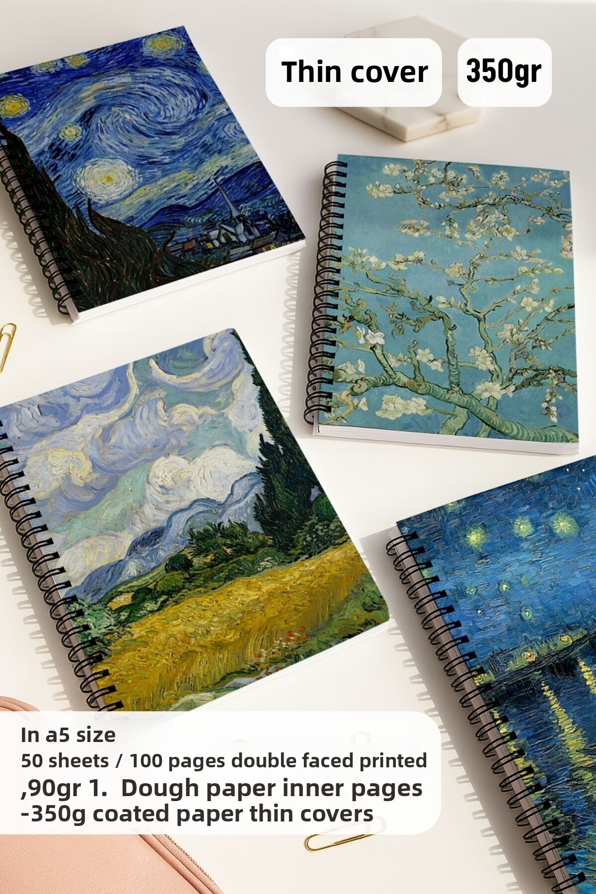 Eldesen Tasarım-Van Gogh Spiral Unlined School Notebook Set, A5 / 50 Sheets 100 Sheets Set of 4, Van Gogh 2