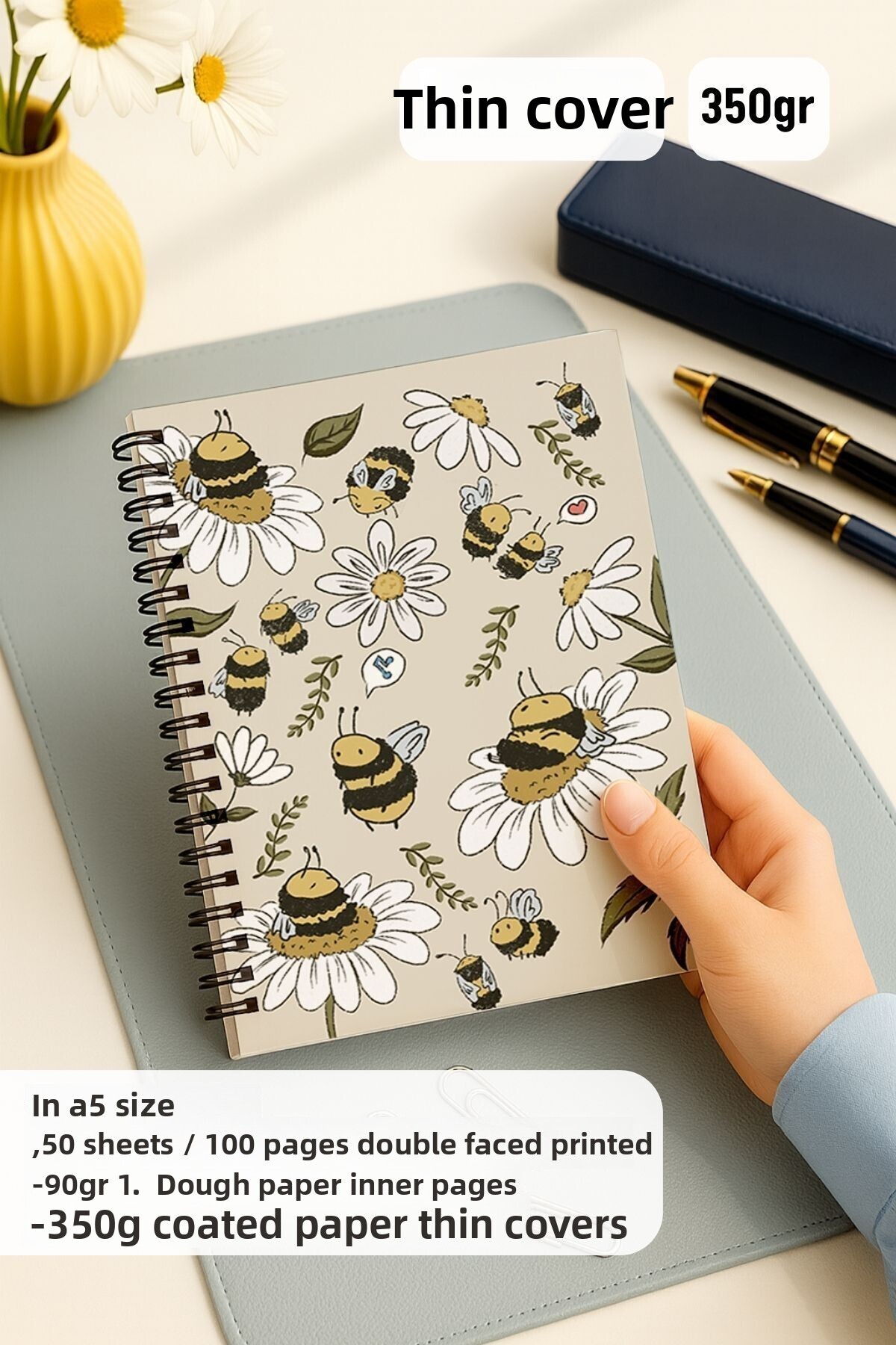Eldesen Tasarım-Set of 2 Unlined Notebooks, A5 Size 50 Sheets 100 Pages Set of 2, with Bee 2