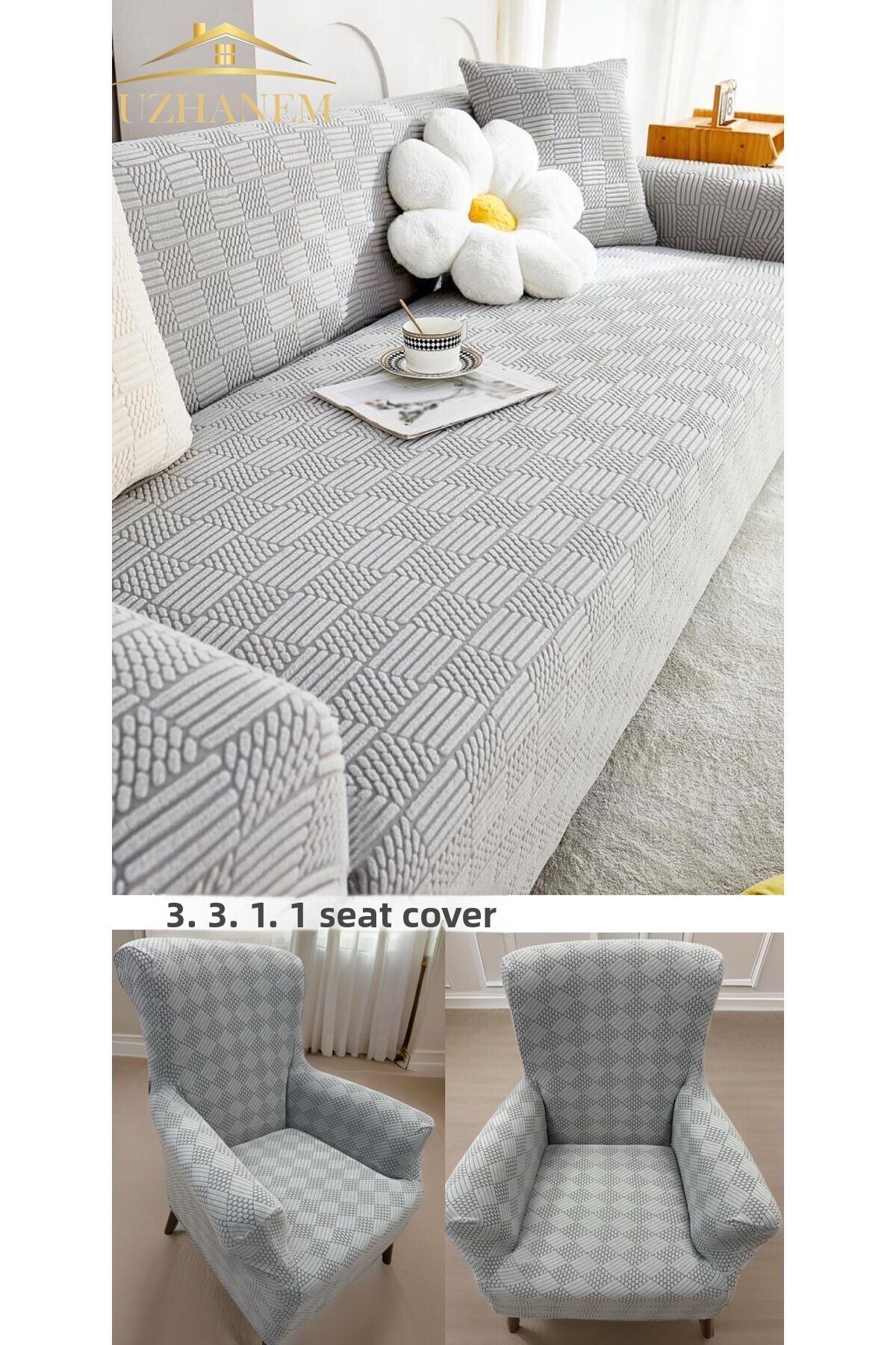 uzhanem-3+3+1+1 Stretch Elastic Flexible Washable Jacquard Sofa Cover Set – Pomegranate Pattern Sofa Cover 1