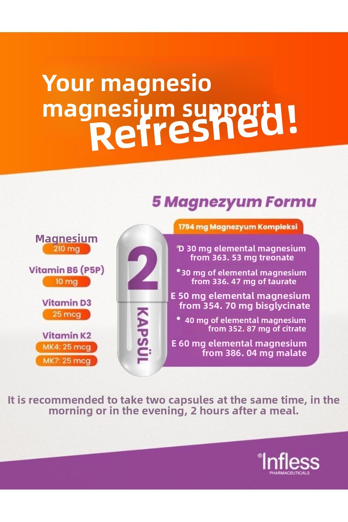 infless-Magnesium (Taurate, Bisglycinat, Malate, Citrate, L-Treonate) 60 Capsules Containing B6 Supplementing Food 2