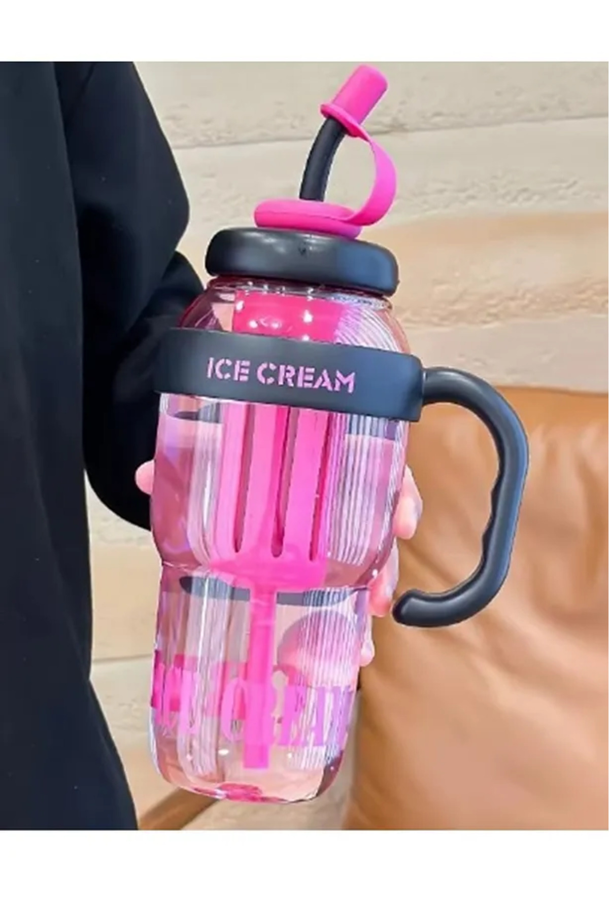 btm home-Ice Cream Designed Water Bottle with Straw – 1.3 Liter Large Volume, Transparent Color Flask, Leak-Proof Lid 3