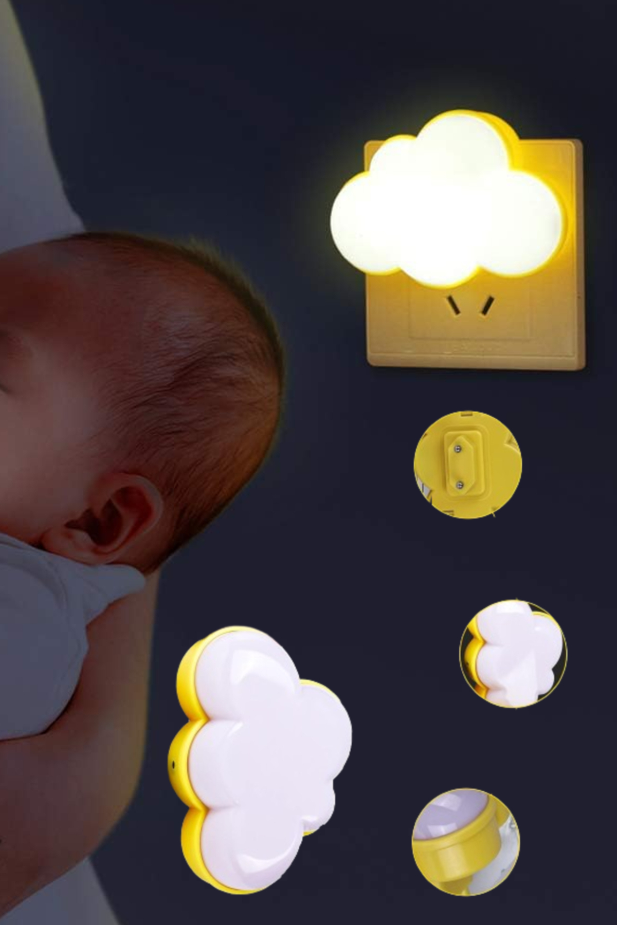 Ecuy Bulut Şekilli Priz Gece Lambası LED Işık Otomatik Sensörlü Bebek ve Çocuk Odası Işığı fotoğrafı 6 (önizleme)