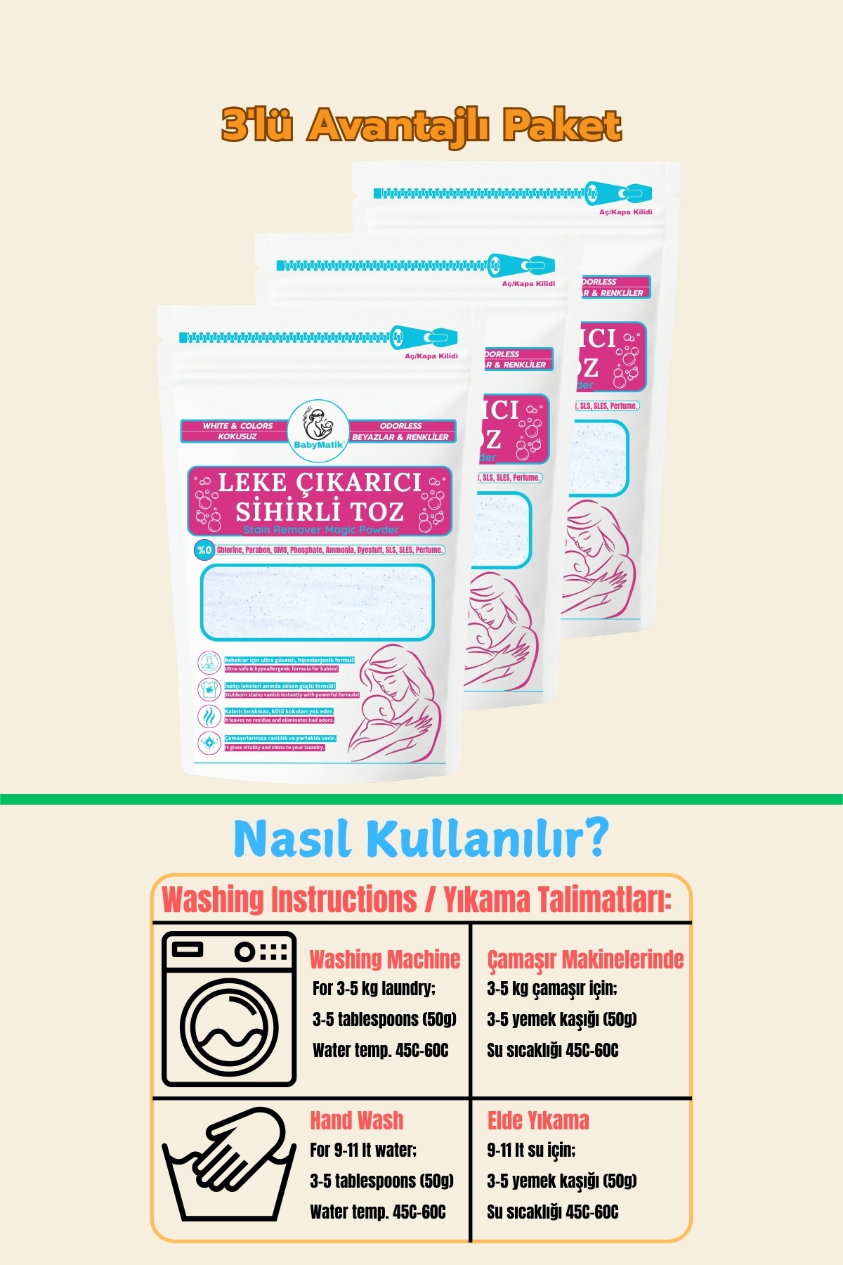 BabyMatik Çamaşır Bebek Leke Çıkarıcı Kokusuz Toz Deterjan, Kalıntı Bırakmaz, Zararlı Kimyasallar İçermez,3'lü fotoğrafı 4 (önizleme)