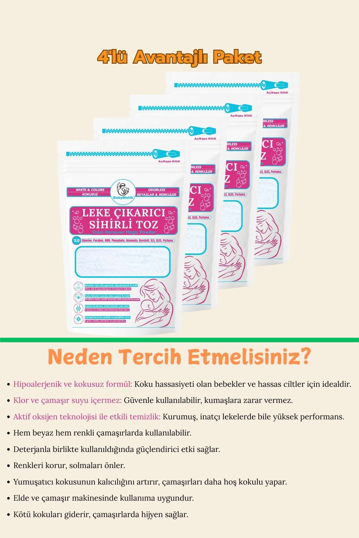 BabyMatik Çamaşır Bebek Leke Çıkarıcı Kokusuz Toz Deterjan, Kalıntı Bırakmaz, Zararlı Kimyasallar İçermez,4'lü fotoğrafı 3 (önizleme)