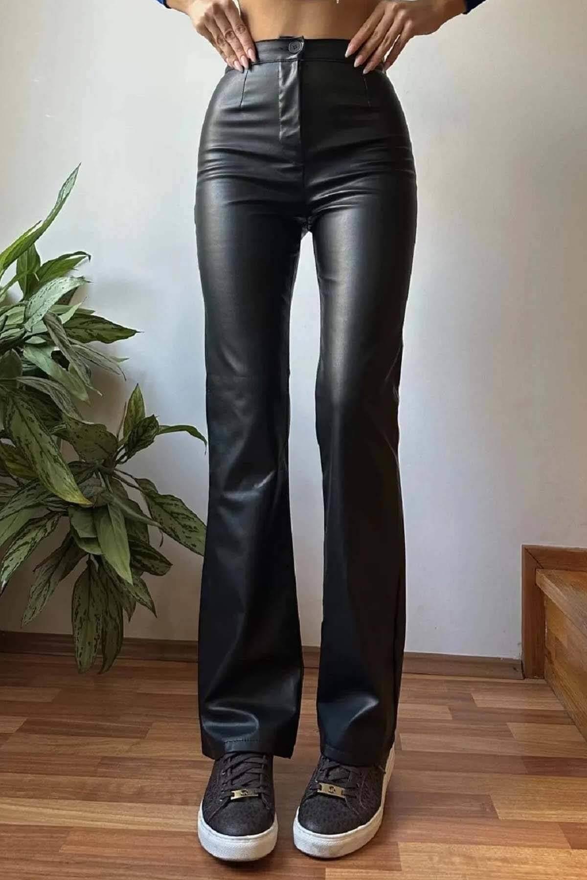 High Waist Raised Premium Full Stretch Fabric Button Detailed Leather Pants PAN100