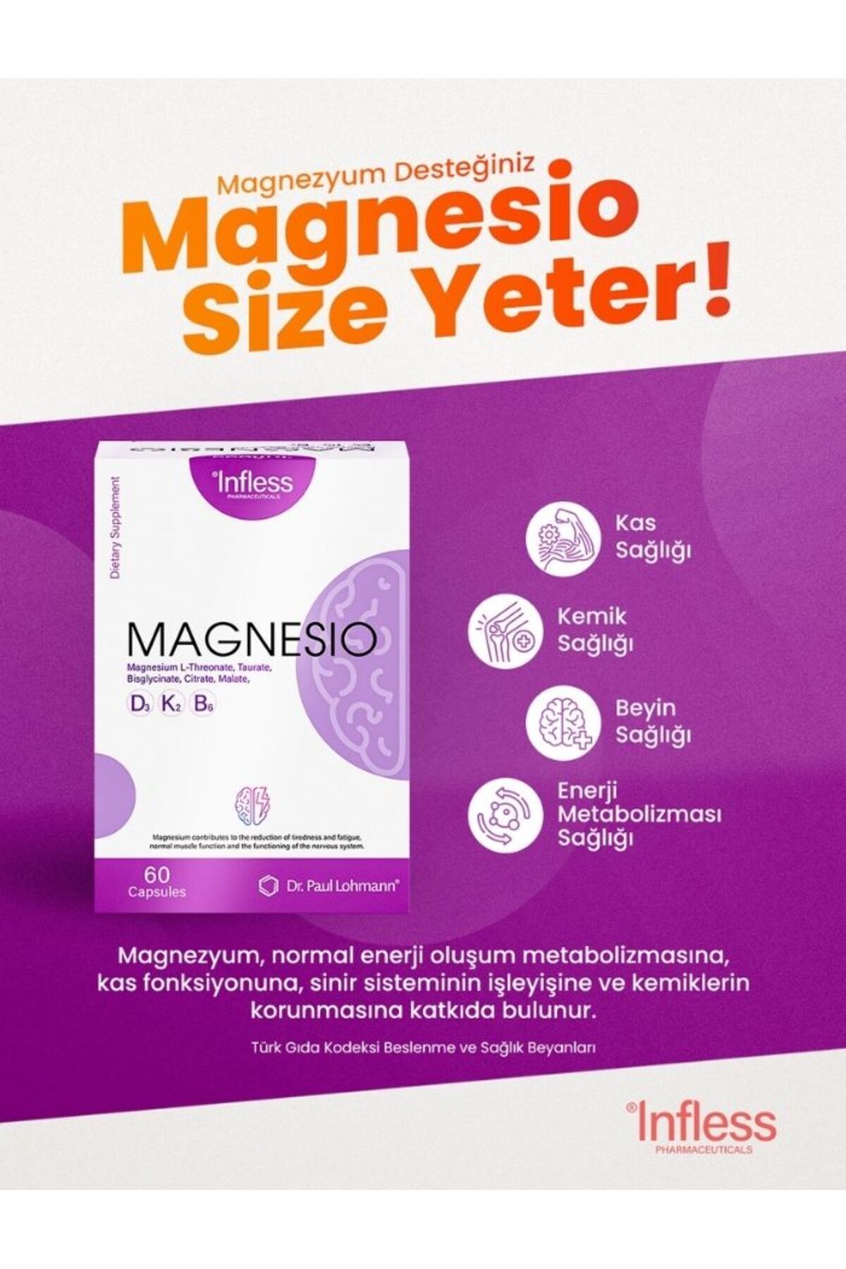 infless-Magnesium (Taurate, Bisglycinat, Malate, Citrate, L-Treonate) 60 Capsules Containing B6 Supplementing Food 3