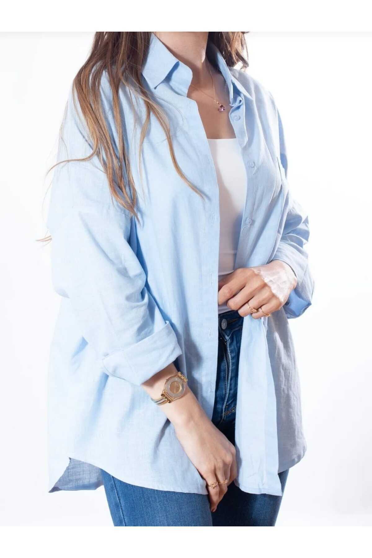 blackbonds  Kadın Keten bebemavi Gömlek Yazlık Oversize Gömlek Yeni Sezon - Görsel 5