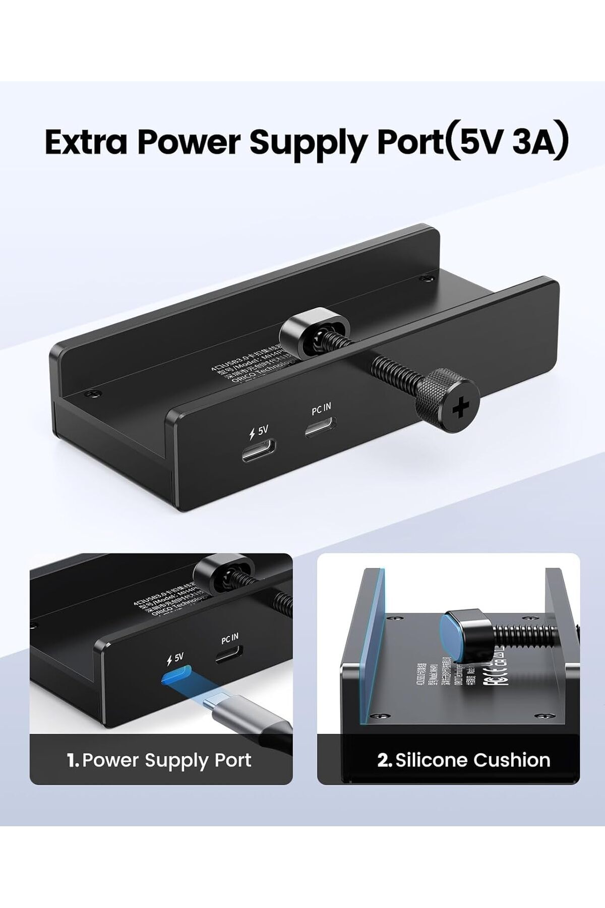 Orico-USB Hub 3.0, Clamp USB Hub with Extra Power Port, Aluminum USB C Adapter with 2 USB-A Data Por 5