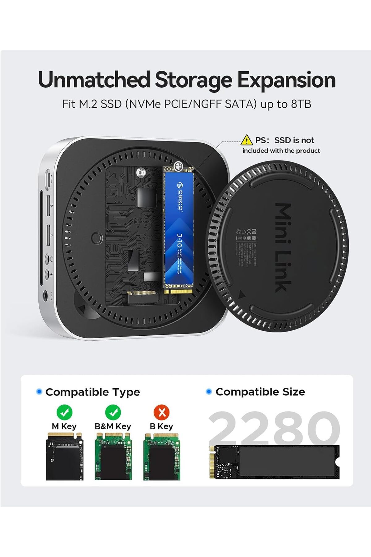 Orico-MiniLink Mac mini M4 Dock & Stand, Aluminium USB C Hub with SSD Housing for M.2 NVMe/SATA, 2 U 5