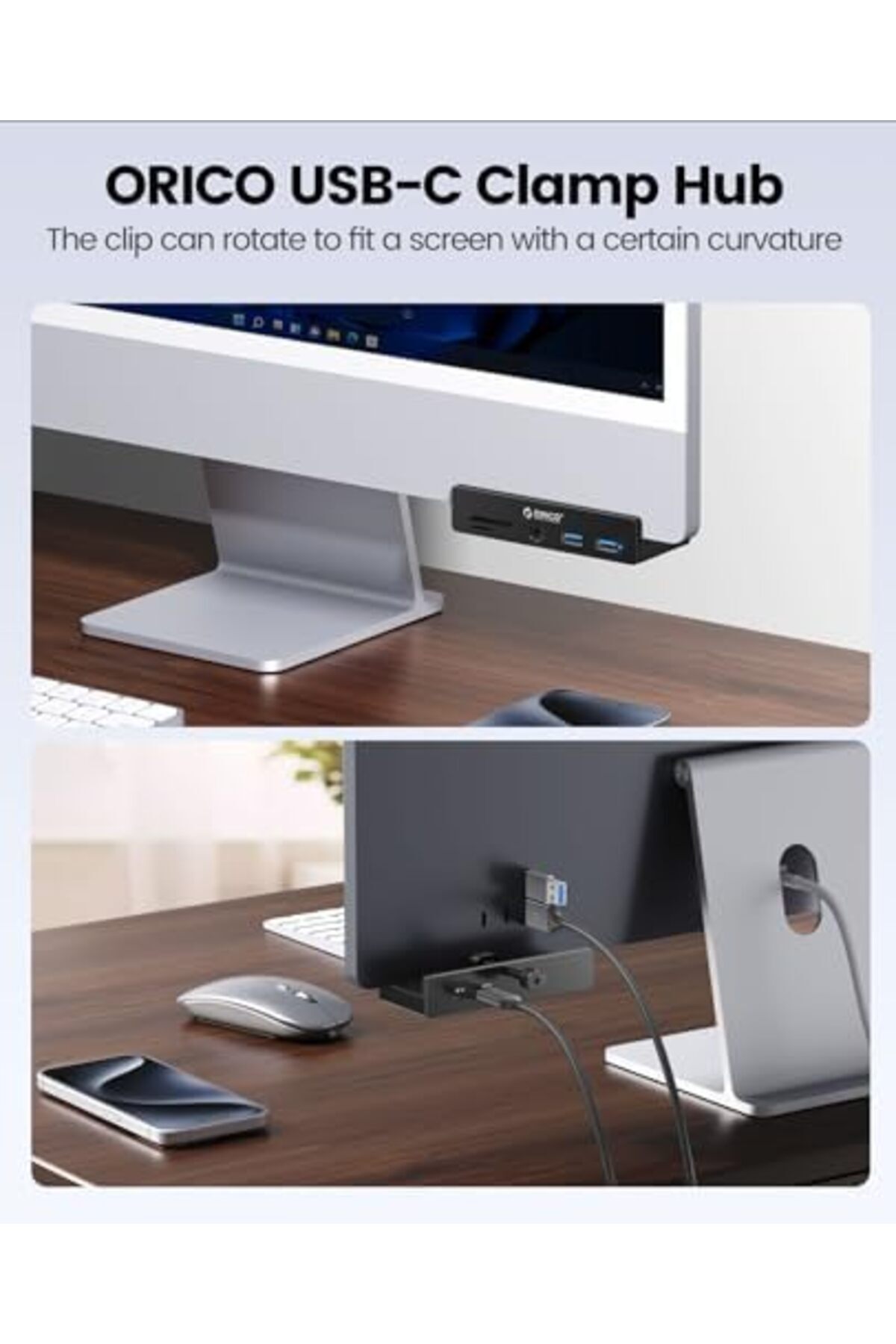 Orico-USB Hub 3.0, Clamp USB Hub with Extra Power Port, Aluminum USB C Adapter with 2 USB-A Data Por 4