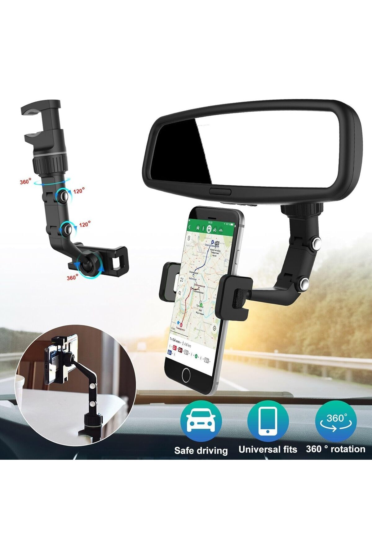 erorex-Universal Car Phone Mount, Rear View Mirror Holder, Adjustable Arm, 360 Rotation, Compatible 7