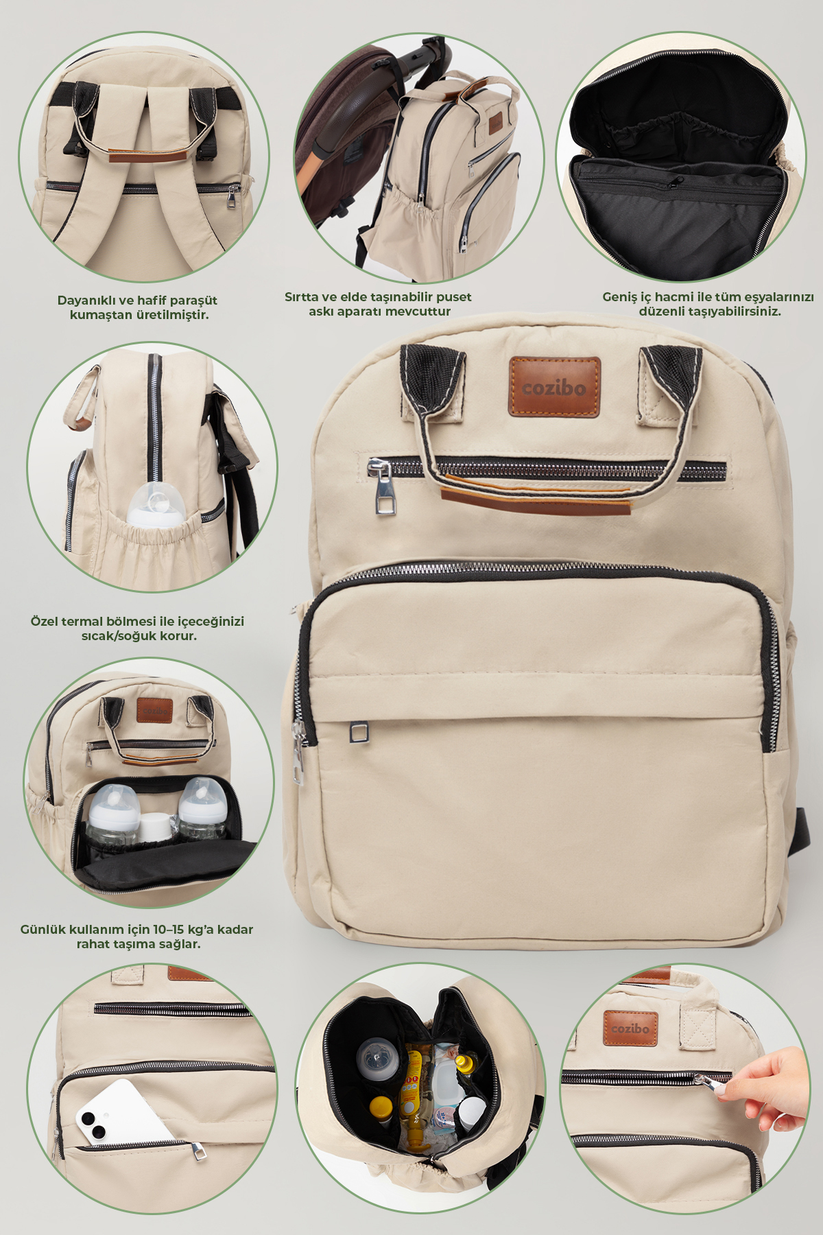Cozibo Anne Bebek Bakım Sırt Çantası Biberon Termoslu Sıvı Geçirmez Bebek Çantası fotoğrafı 2 (önizleme)