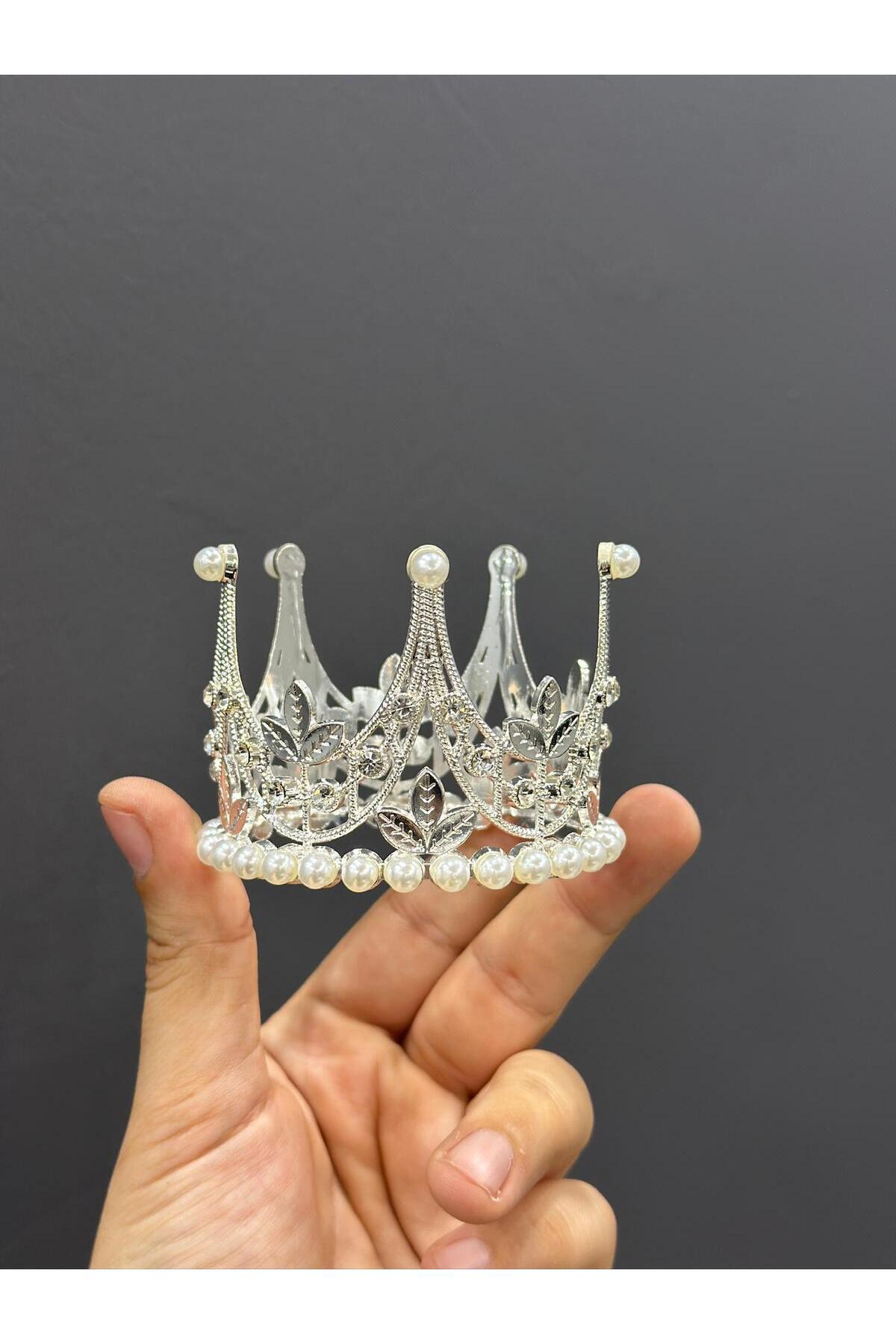 Adana Pasta Malzemeleri LÜX TAŞLI PASTA ÜSTÜ TAÇ CRW-4A-GÜMÜŞ İNCİLİ 7X5.5CM