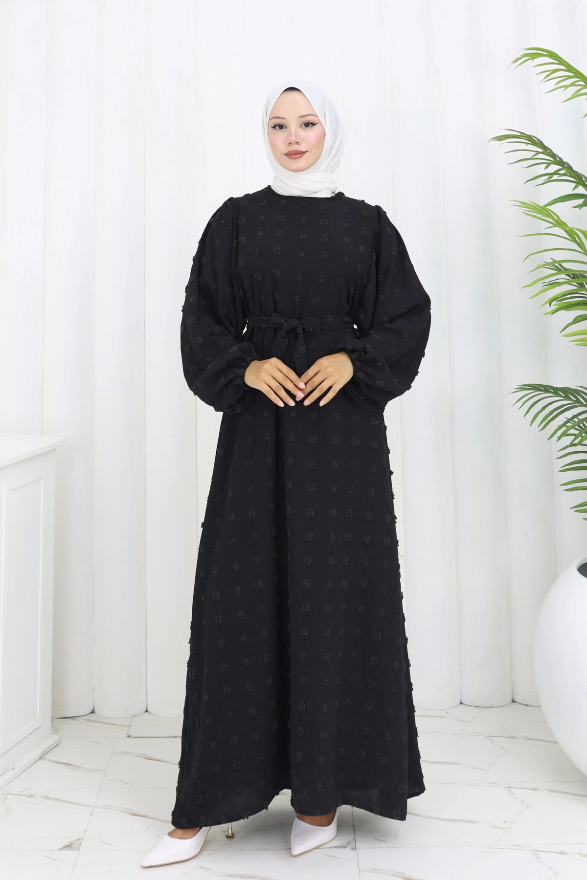 Pompom Detailed Belted Dress Black