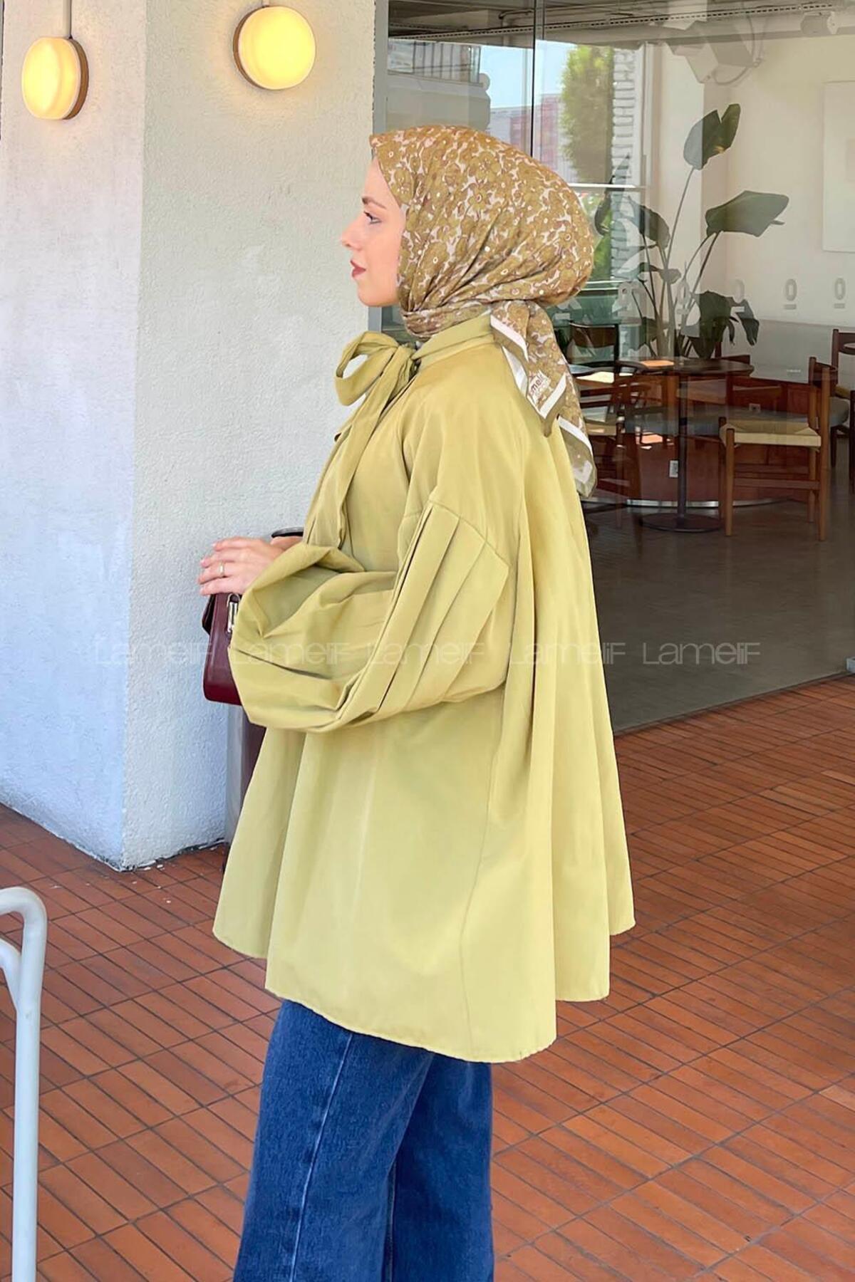 lamelif Yaka Fular Detaylı Gömlek Yağ Yeşili görsel 2