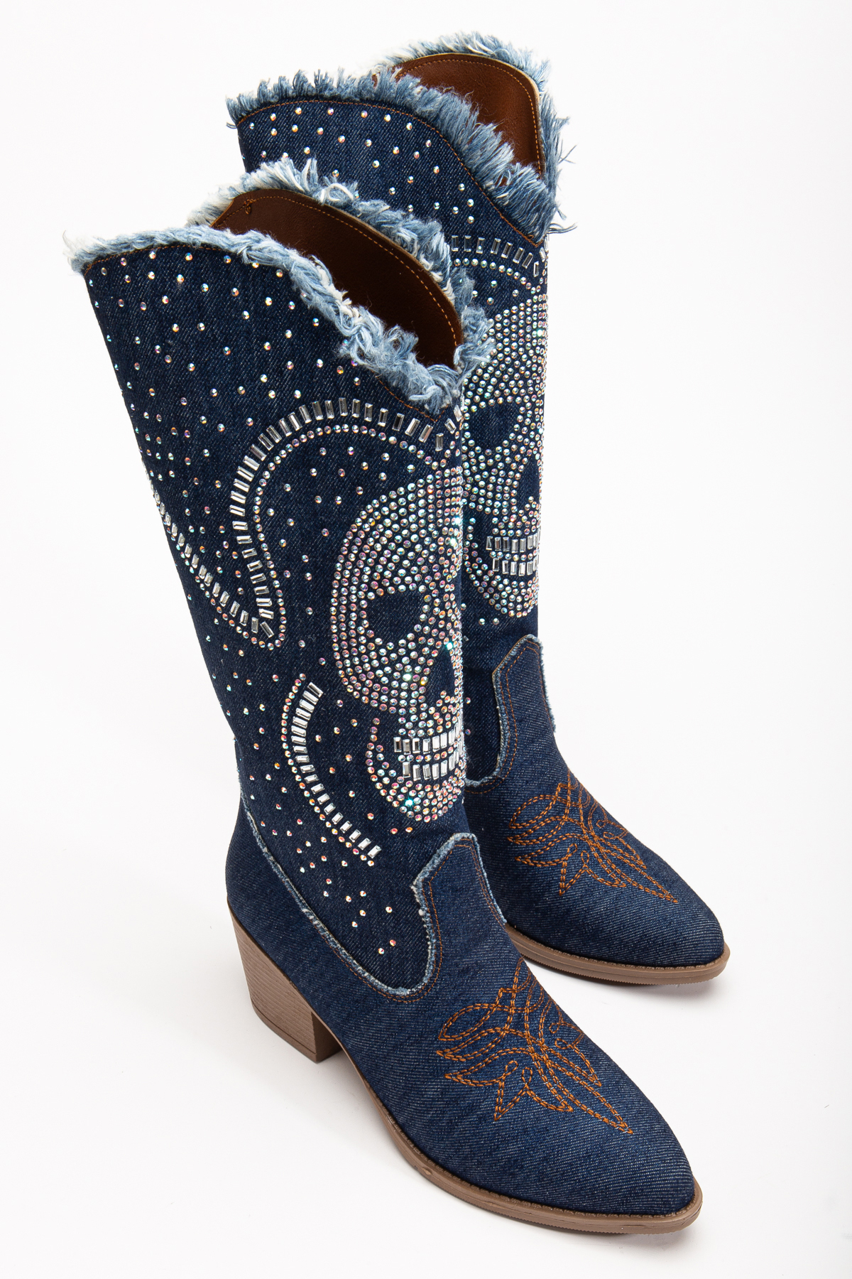 MS SUGAR SHOES  Kadın Denim Kovboy Çizme Taş İşlemeli Kurukafa Desenli Fırfırlı Kot Çizme - Görsel 4