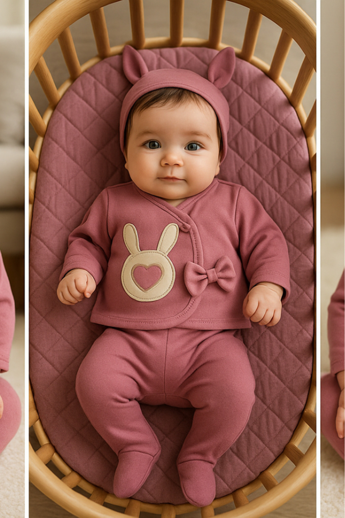 Bamoola for Babies Organik Kız Bebek Tavşan Desenli 5'li Tulum Hastane Çıkışı Yenidoğan Kıyafet Mama Önlüğü fotoğrafı 4 (önizleme)