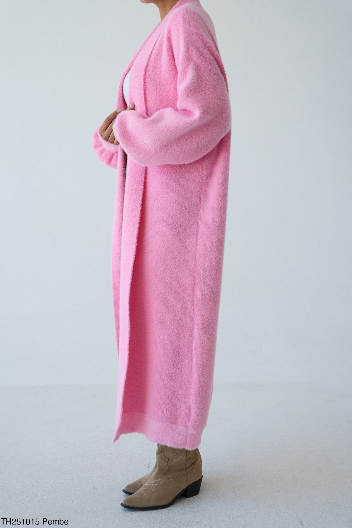 Miss Beyoğlu Kadın Oversize Uzun Triko Hırka, Pembe, Taş, Bej , Siyah , Kahve , Sarı , Bebe Mavi-Standart Beden görsel 3