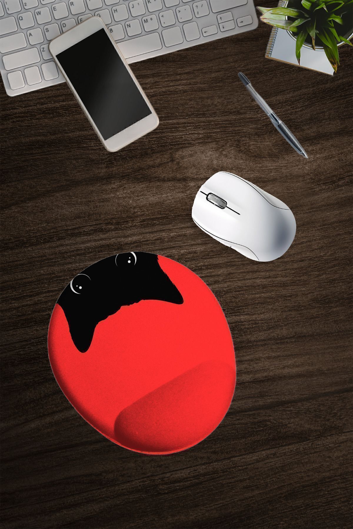 Dormot-Modern Digital Printing - Red Floor Inverted Black Cat - Mouse Pad with Oval Wrist Rest 4