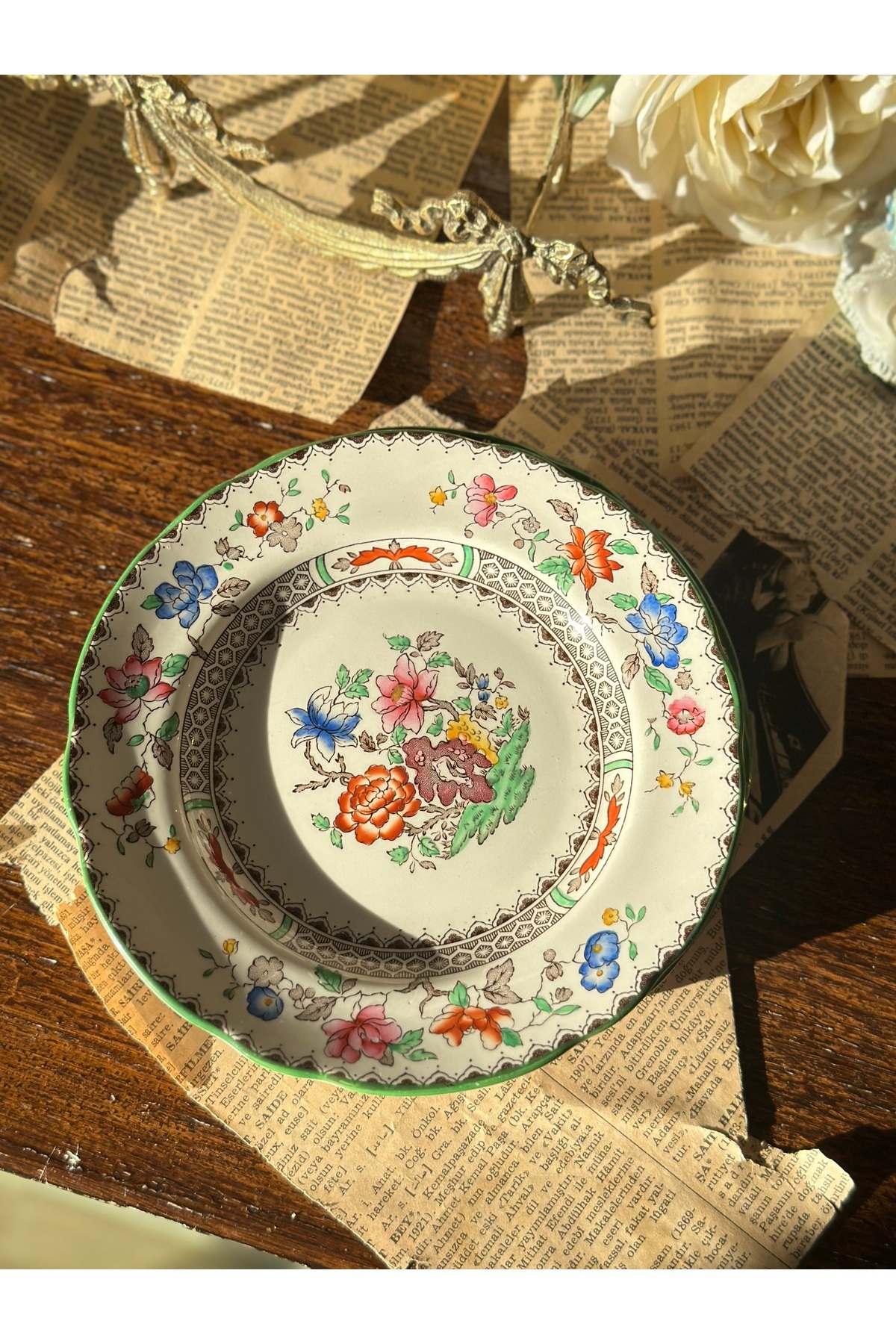 SPODE Antika İngiliz Chinese Rose Renkli Çiçekli Tatlı/ Pasta