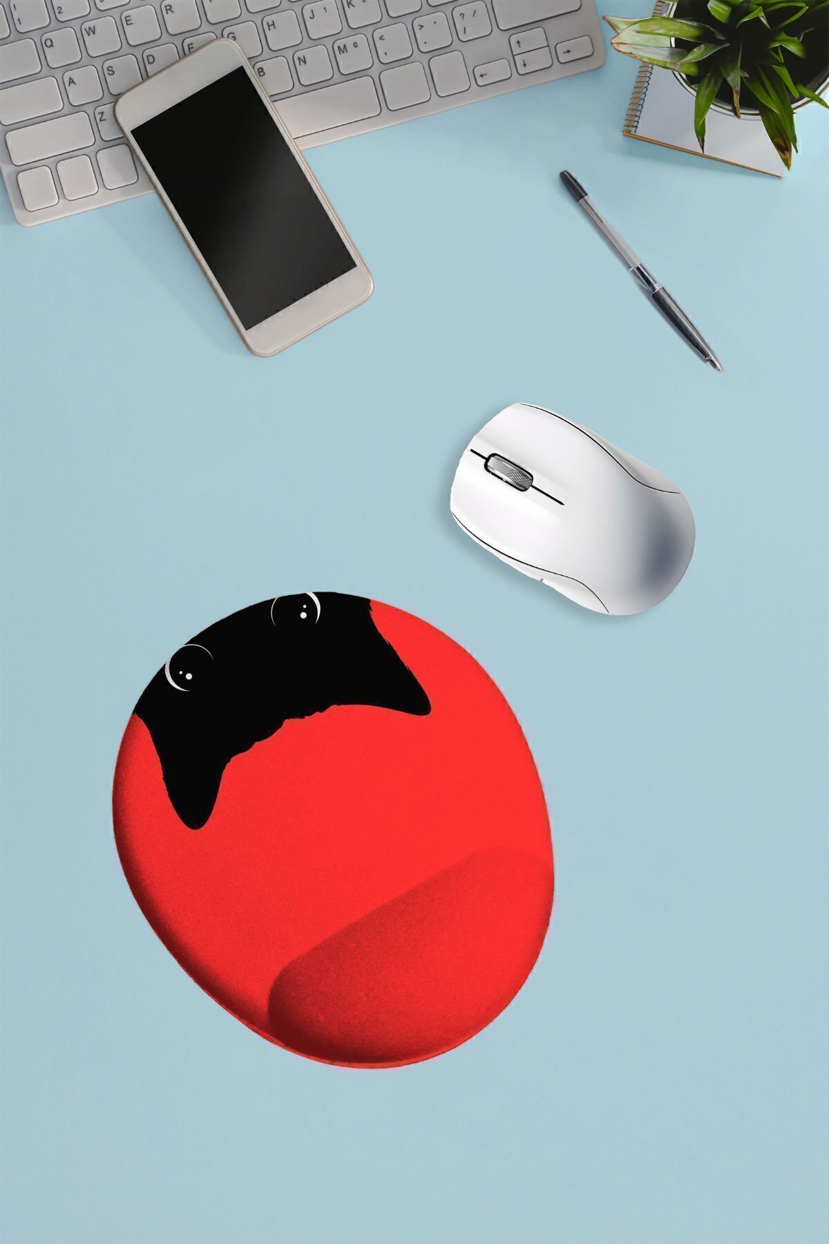 Dormot-Modern Digital Printing - Red Floor Inverted Black Cat - Mouse Pad with Oval Wrist Rest 3
