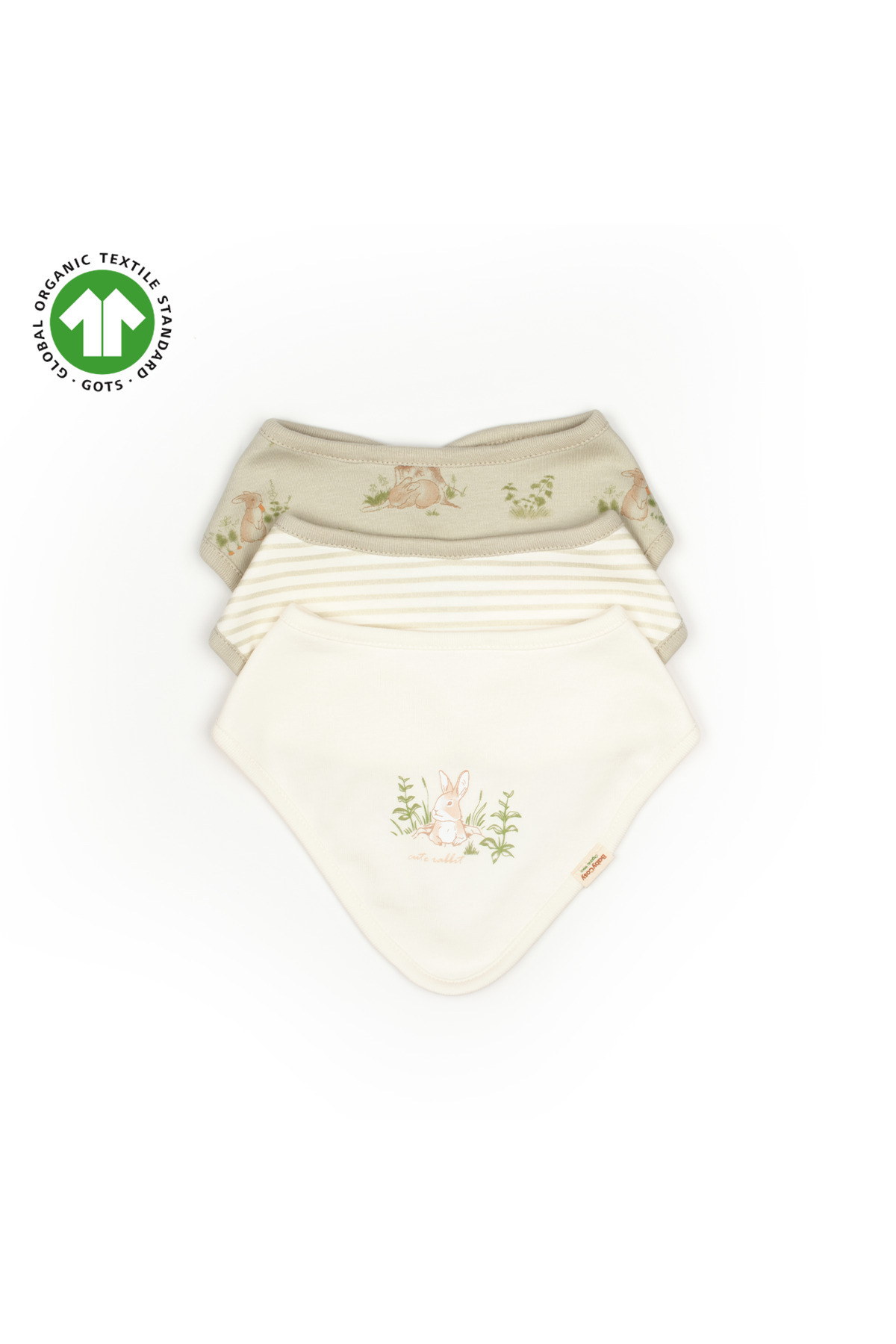 HENGAME BabyCosy Rabbit GOTS Organik Pamuk 3’lü Bandana Mama Önlüğü Seti – Ekru/Bej/Haki – Unisex