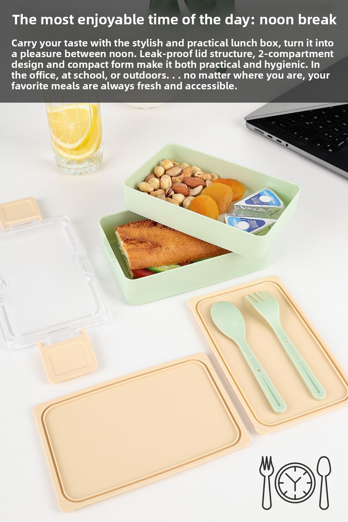 Meleni Home-2 Layer Ziplock Lunch Box - Lunch Box with Self-Fork Spoon Lunch Box Storage Container Green 4