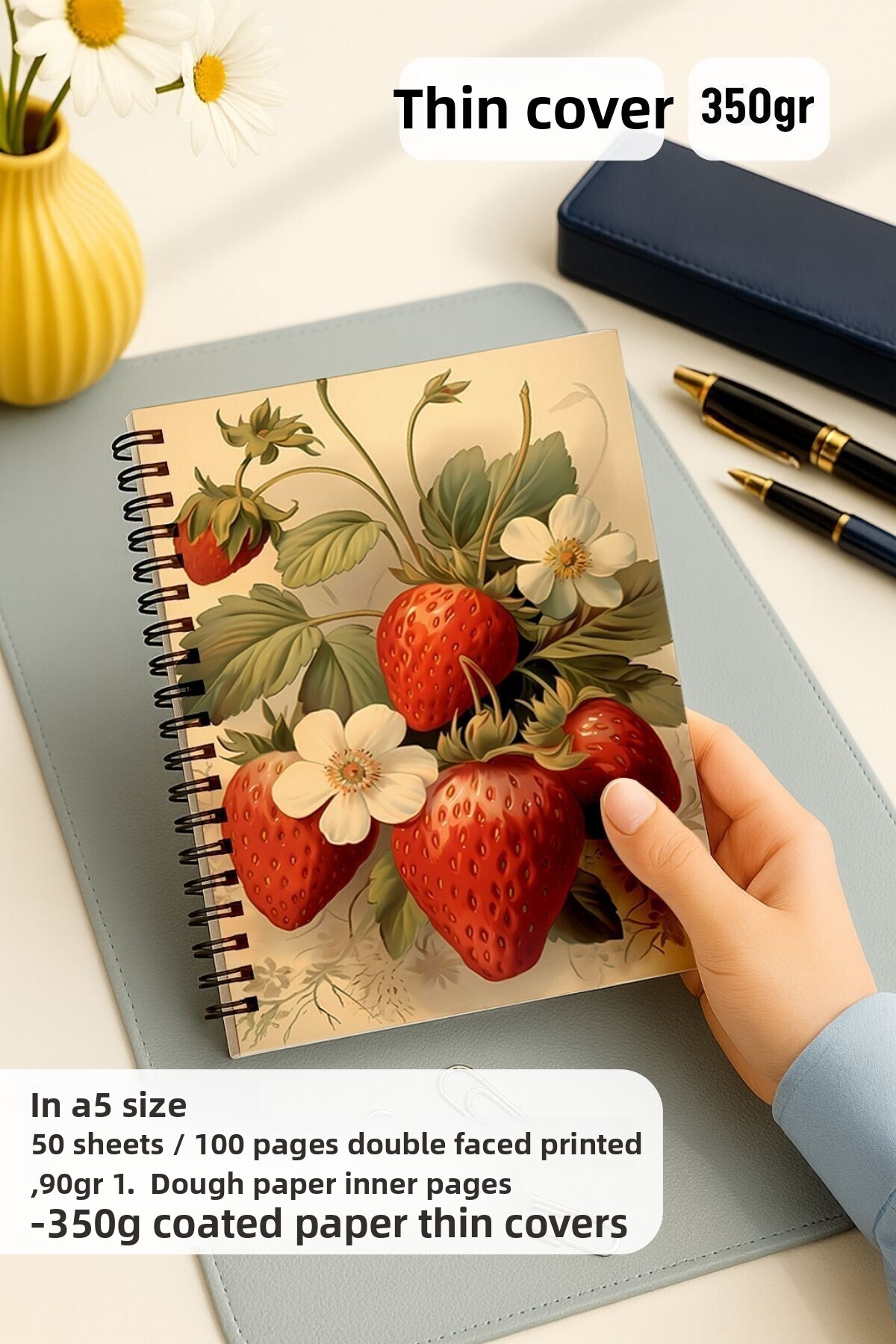 Eldesen Tasarım-Set of 2 Undotted Notebooks, A5 Size 50 Sheets 100 Pages Set of 2, Strawberry 2