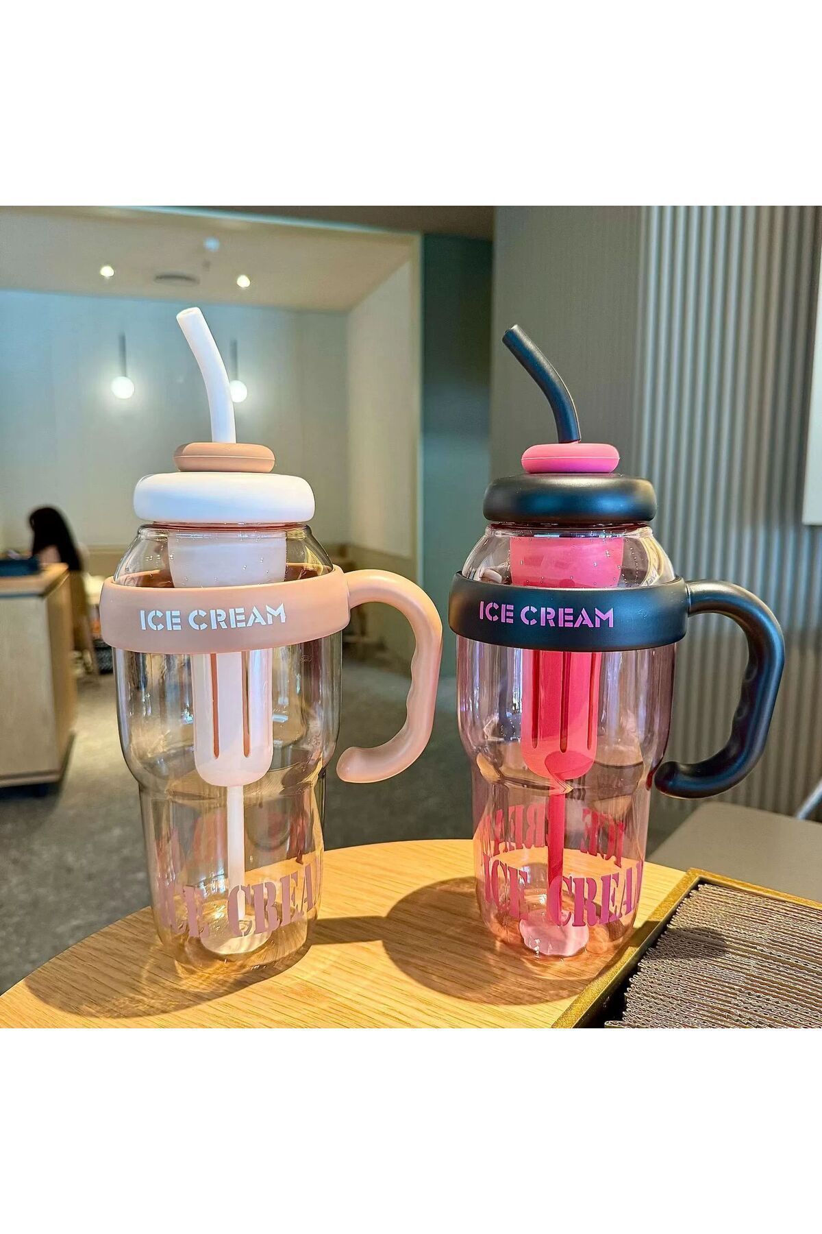 btm home-Ice Cream Designed Water Bottle with Straw – 1.3 Liter Large Volume, Transparent Color Flask, Leak-Proof Lid 1