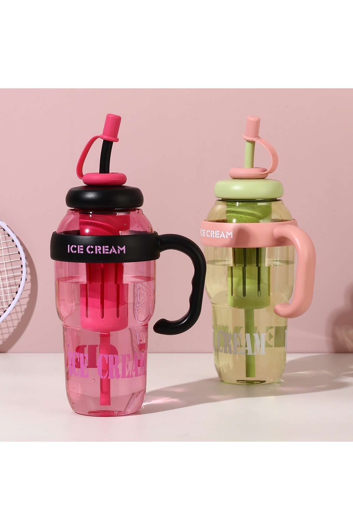 btm home-Ice Cream Designed Water Bottle with Straw – 1.3 Liter Large Volume, Transparent Color Flask, Leak-Proof Lid 2