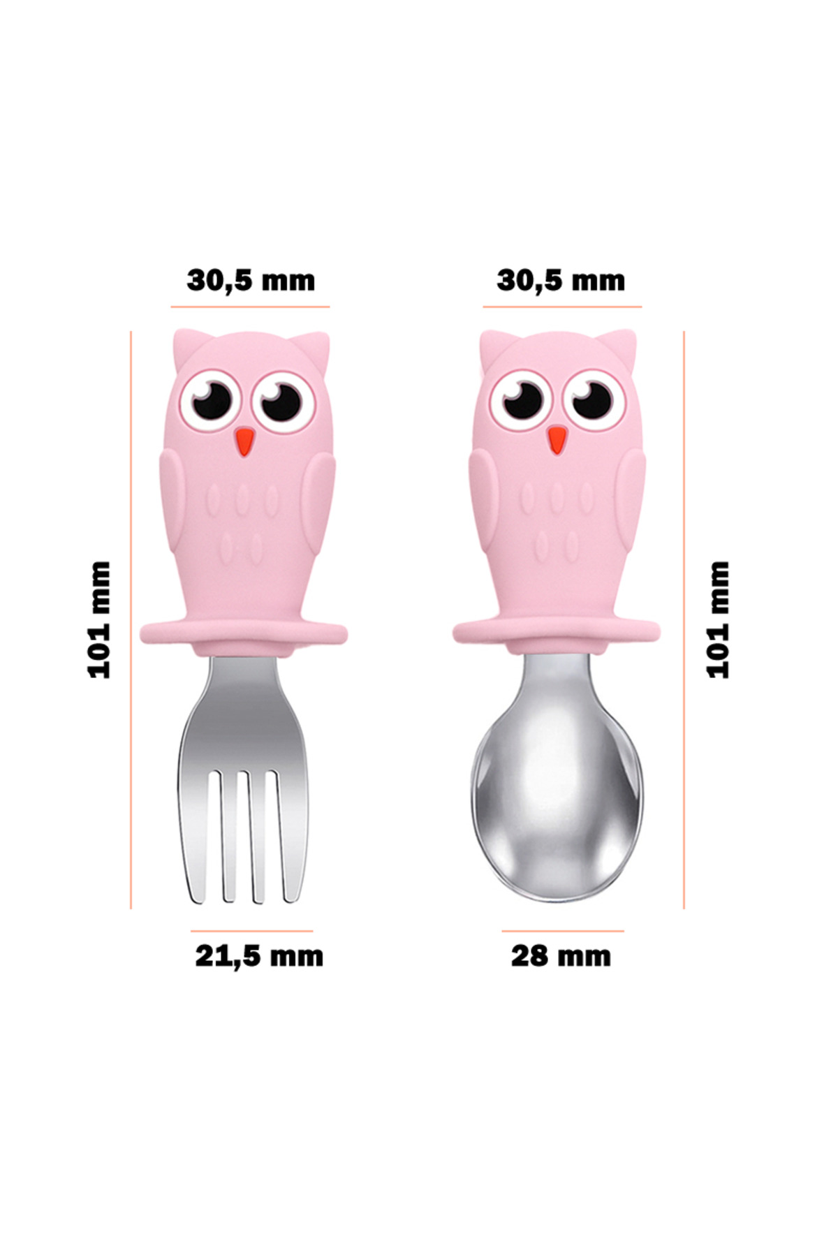 jojobebek Çocuk Silikon Saplı Paslanmaz Çelik Uçlu Kaşık - Çatal Seti Baykuş Figürlü (Pembe Renk) fotoğrafı 4 (önizleme)