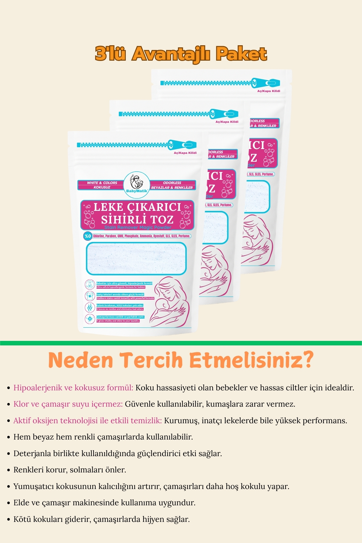 BabyMatik Çamaşır Bebek Leke Çıkarıcı Kokusuz Toz Deterjan, Kalıntı Bırakmaz, Zararlı Kimyasallar İçermez,3'lü fotoğrafı 3 (önizleme)